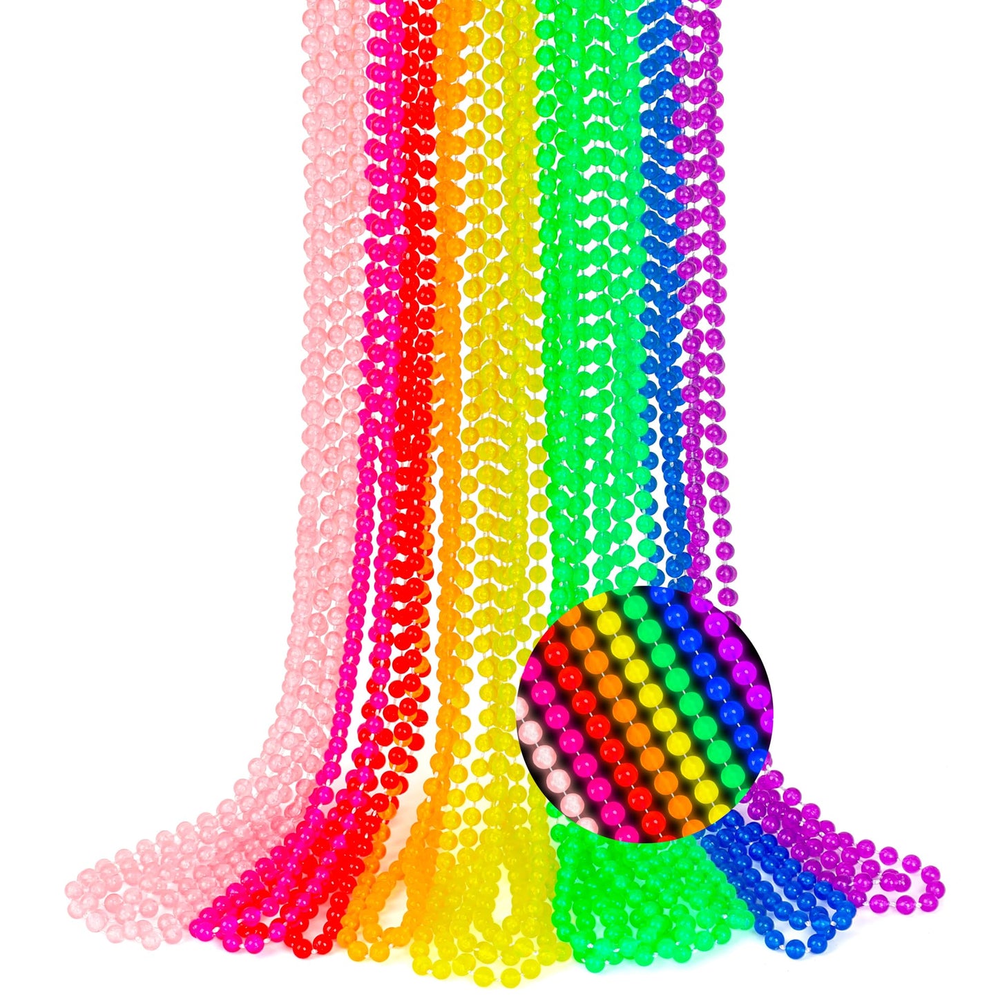 EOBOH 12PCS Neon Mardi Gras Beads – Glow-in-the-Dark 33-Inch Metallic Necklaces in 8 Colors for Festivals & Parties