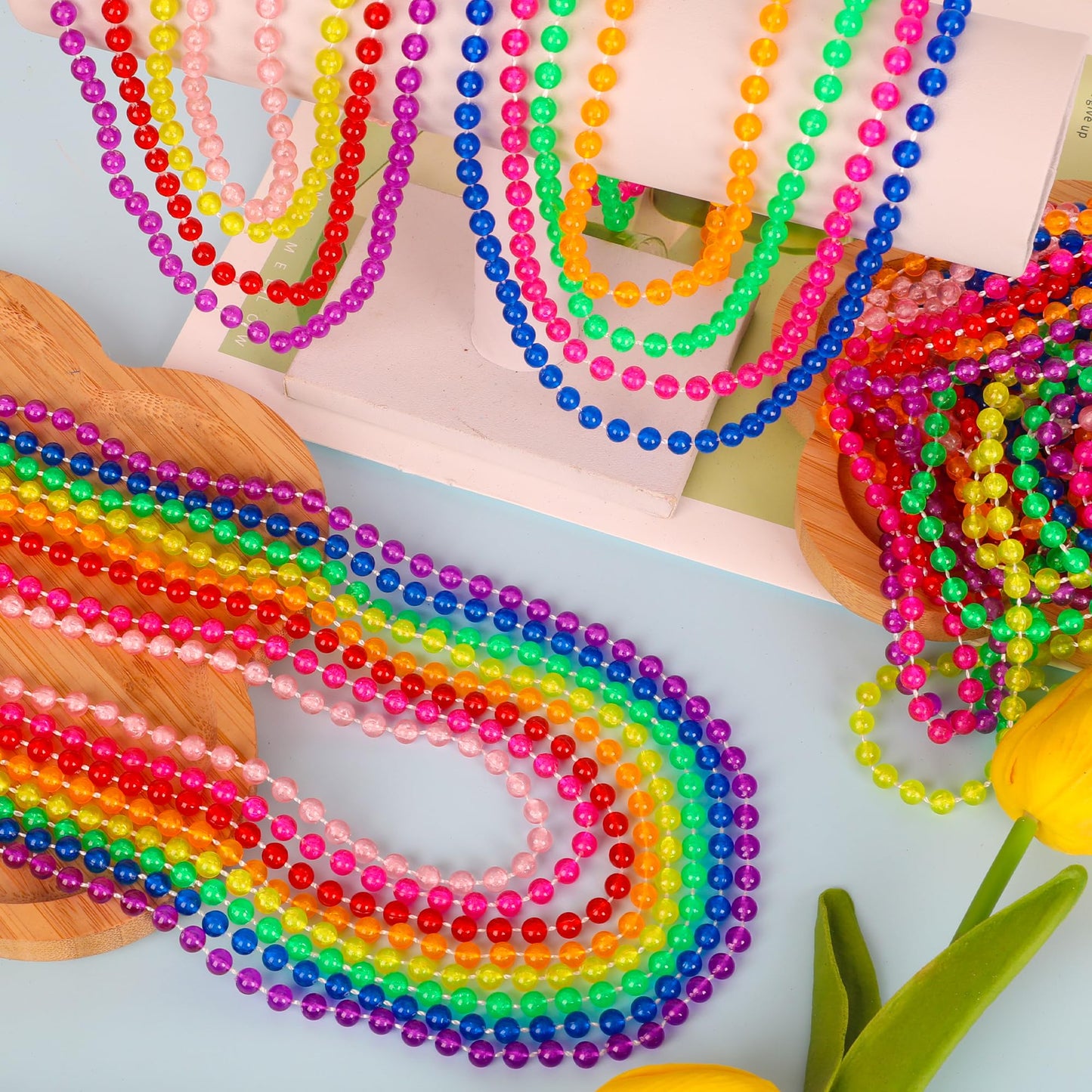 EOBOH 12PCS Neon Mardi Gras Beads – Glow-in-the-Dark 33-Inch Metallic Necklaces in 8 Colors for Festivals & Parties