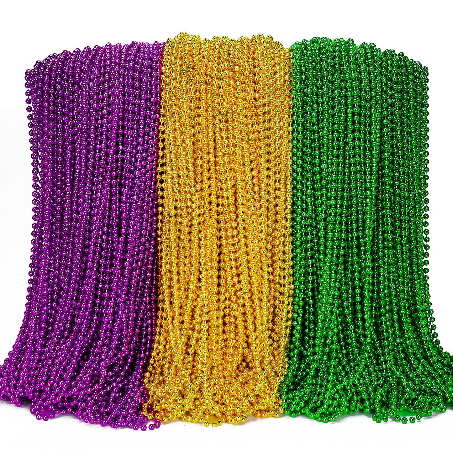 EOBOH 300Pcs Mardi Gras Beads — 3 Styles Metallic Green Purple Gold, 33-Inch Bulk Beads for Parades & Parties