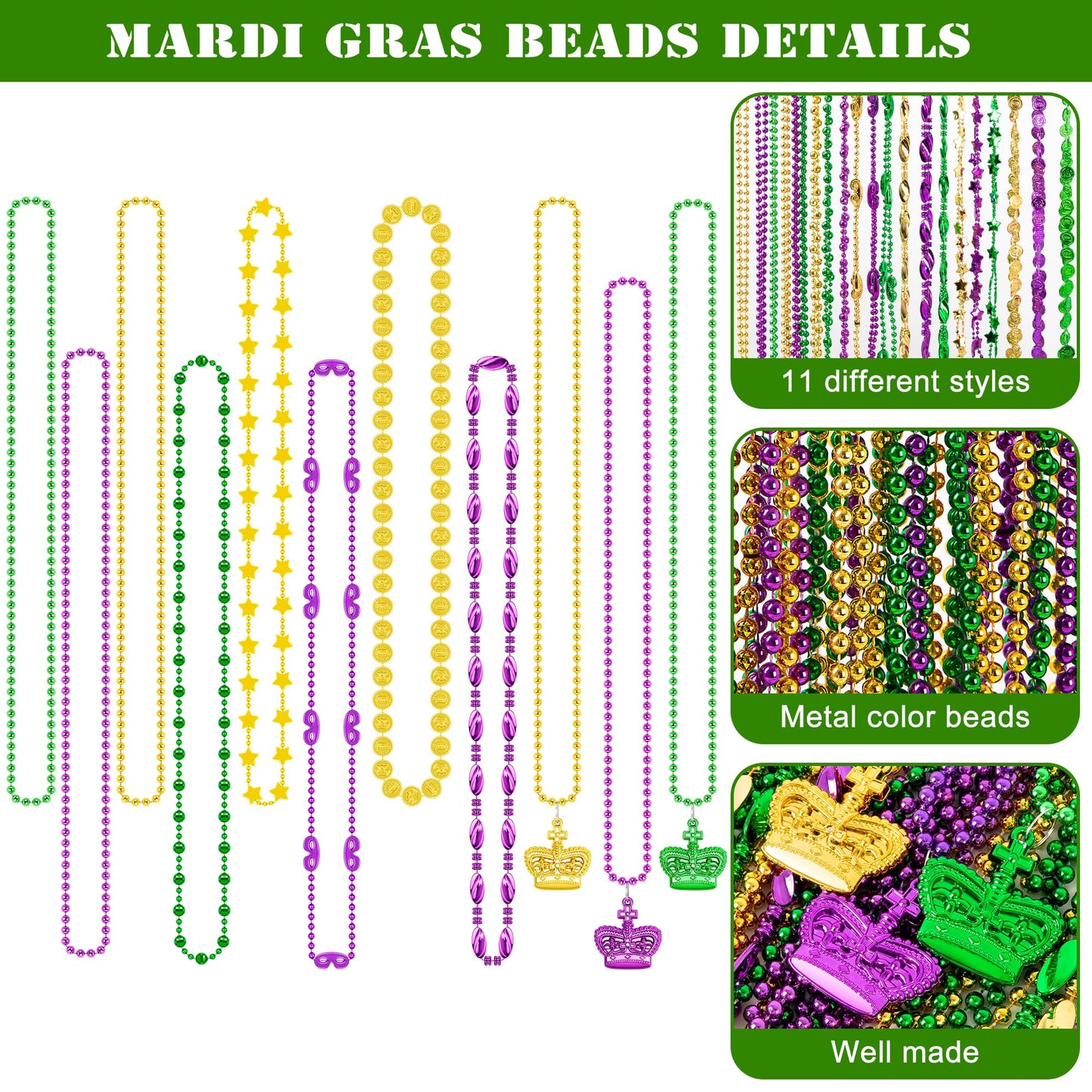 EOBOH 100PCS Mardi Gras Beads & Masks — 11 Types Parade Necklaces in Metallic Green, Purple & Gold