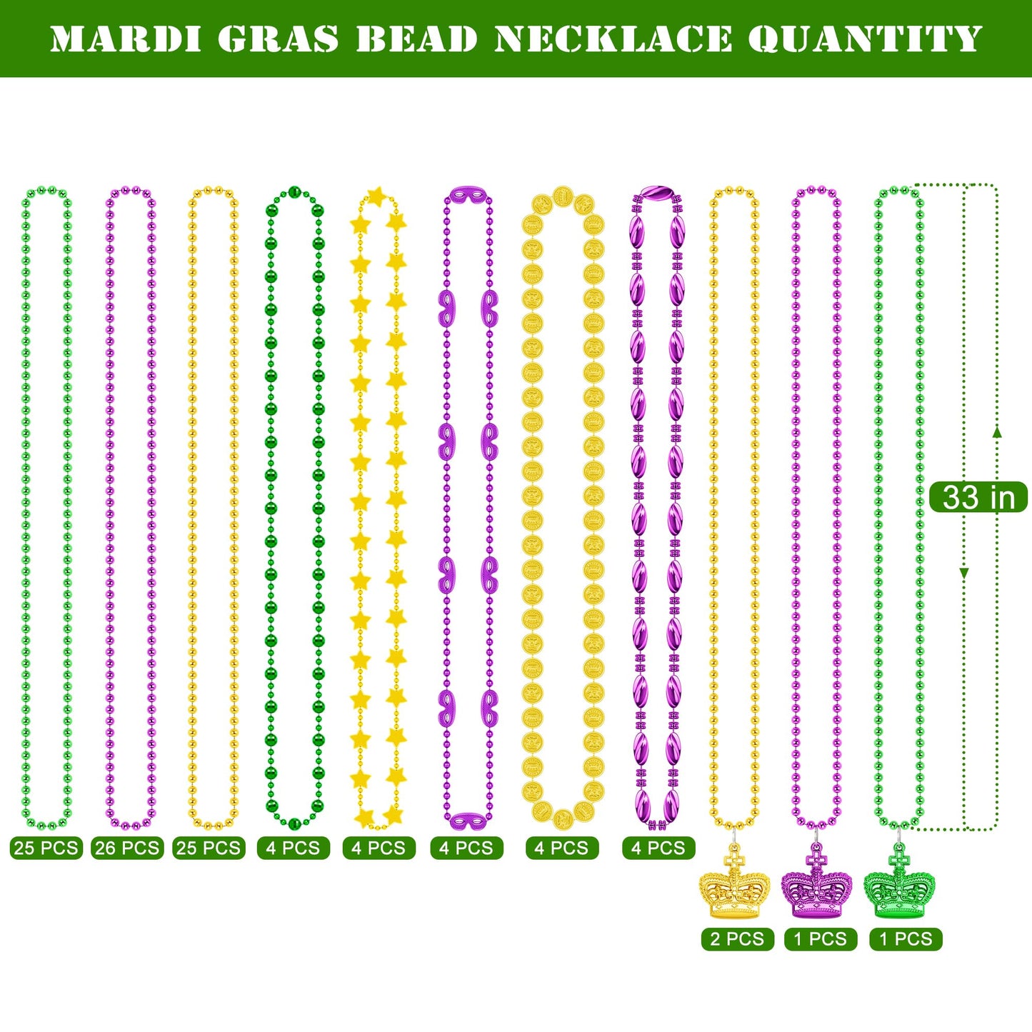 EOBOH 100PCS Mardi Gras Beads & Masks — 11 Types Parade Necklaces in Metallic Green, Purple & Gold