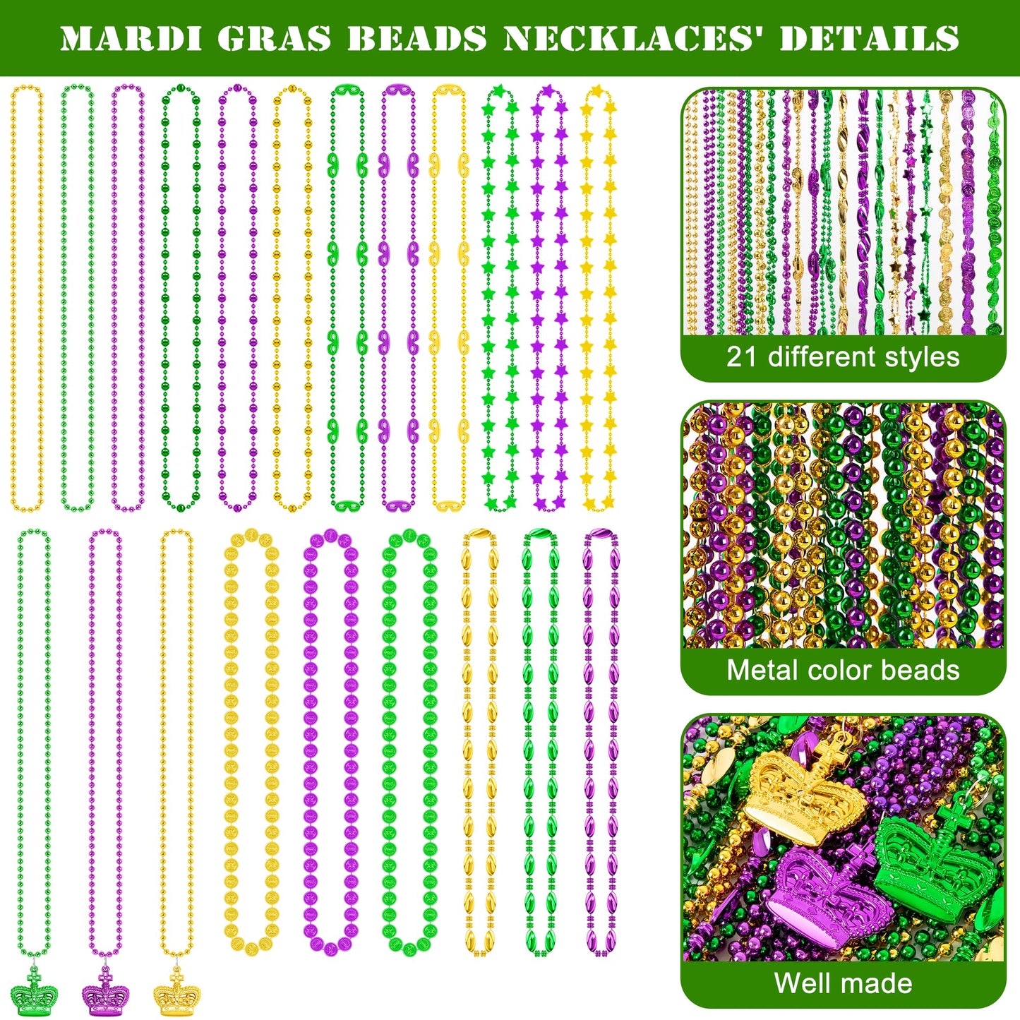 EOBOH 48PCS Mardi Gras Beads – 33-Inch Metallic Green Purple Gold Necklaces (Coins & Masks) Bulk Party Accessories