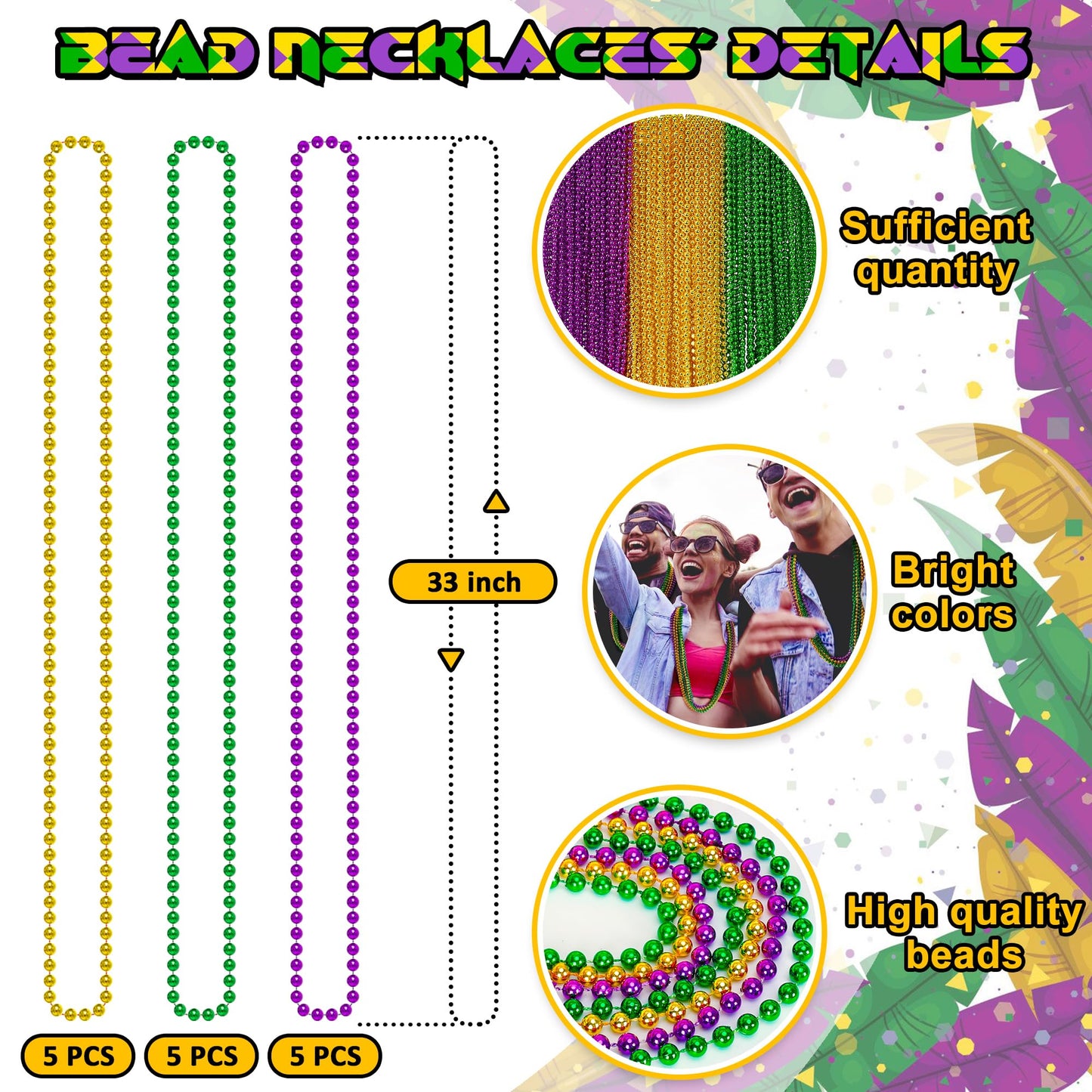 EOBOH 30Pcs Mardi Gras Beads – 33-inch Metallic Green Purple Gold Bulk Beads Set