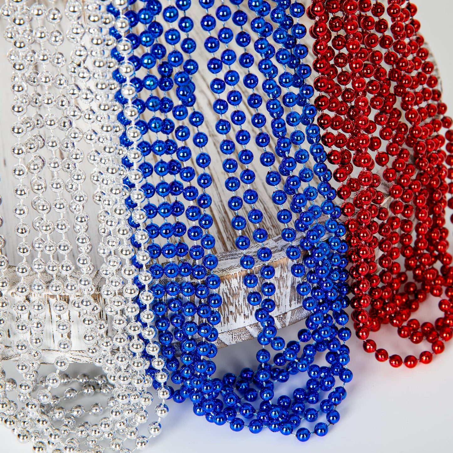 EOBOH 144Pcs 4th of July Necklace Set – Metallic Red, Blue & White for Parades