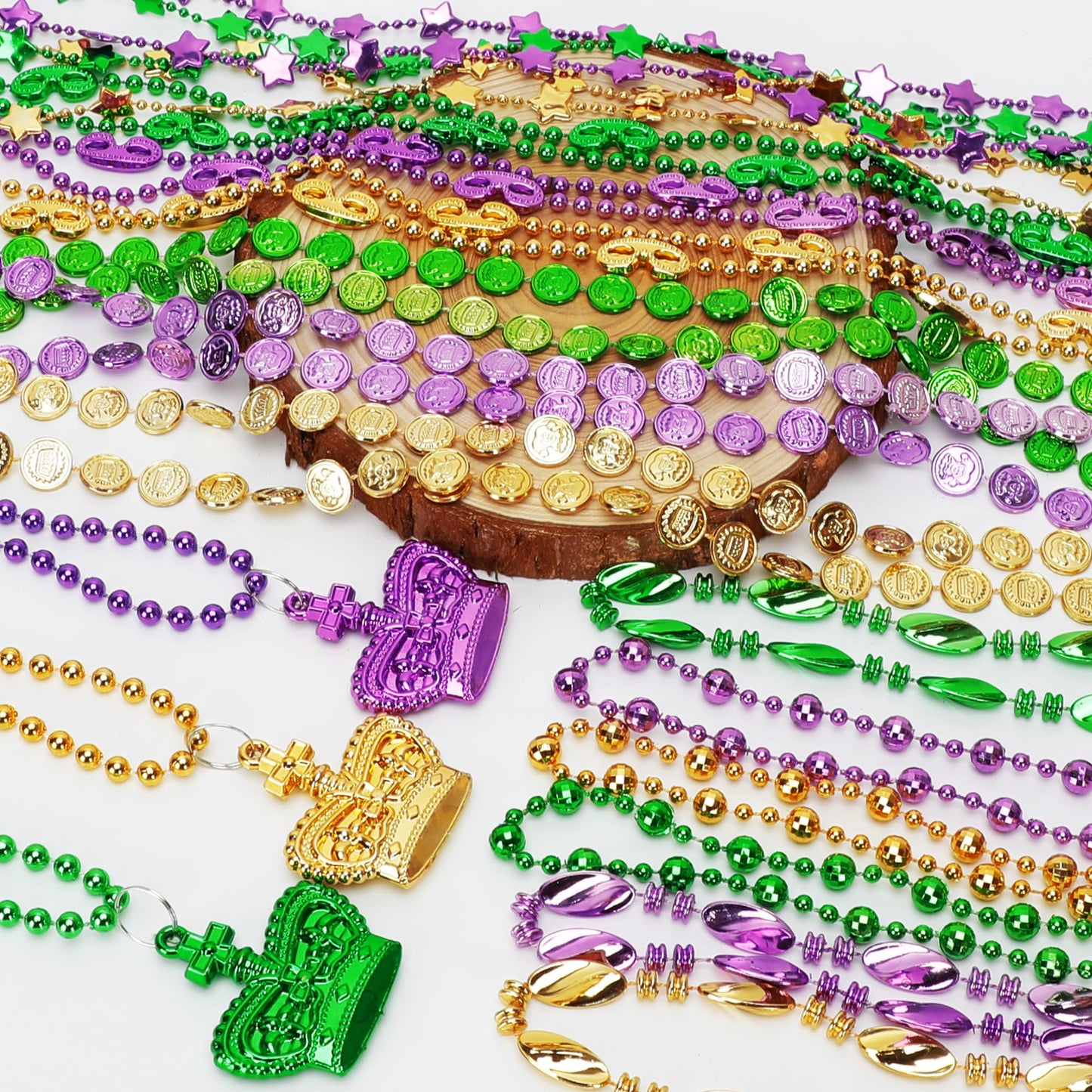 EOBOH 100PCS Mardi Gras Beads & Masks — 11 Types Parade Necklaces in Metallic Green, Purple & Gold