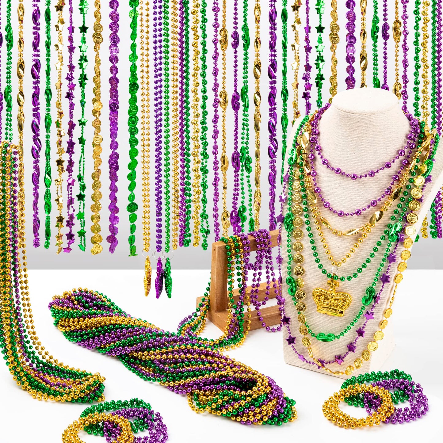 EOBOH 48PCS Mardi Gras Beads – 33-Inch Metallic Green Purple Gold Necklaces (Coins & Masks) Bulk Party Accessories