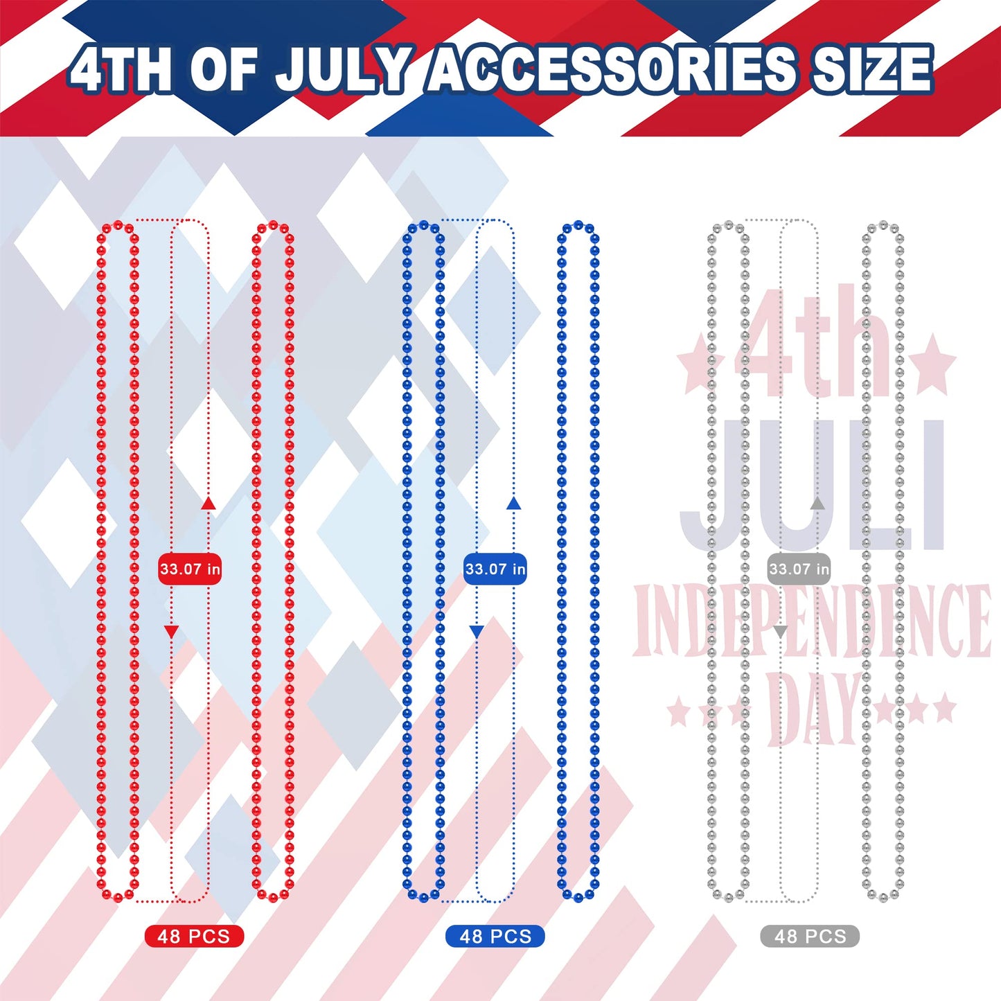 EOBOH 144Pcs 4th of July Necklace Set – Metallic Red, Blue & White for Parades