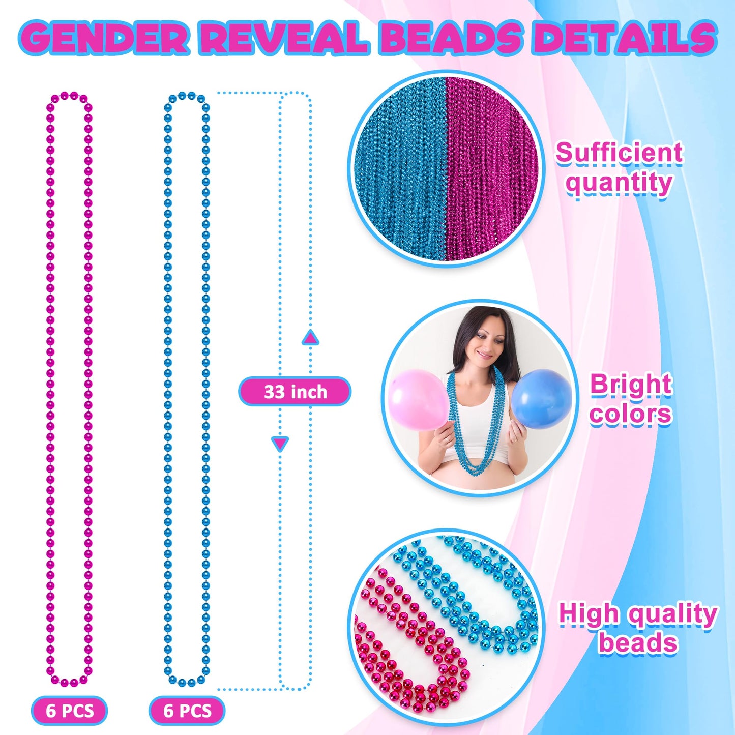 EOBOH Gender Reveal Beads Decorations – 12 Pink & Blue Necklaces, 33-inch