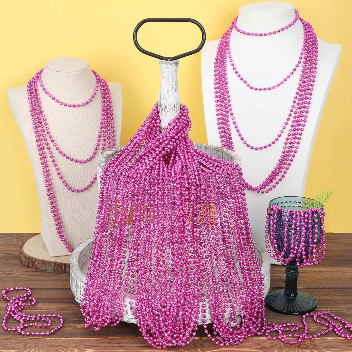 EOBOH 30Pcs Bead Necklace Set - 33in Pink Breast Cancer Awareness Mardi Gras Beads