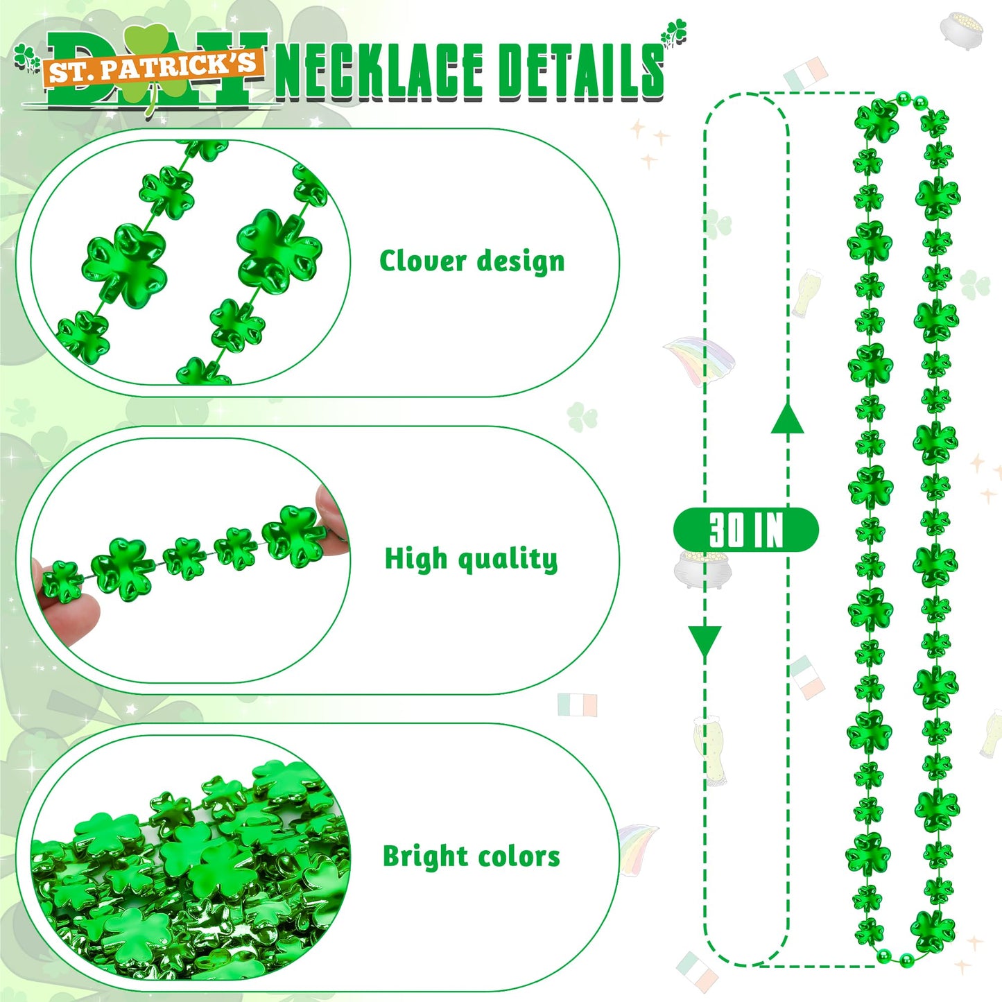 EOBOH 12-Pack St Patrick's Day Bead Necklaces – Shamrock Green Parade Decor Bulk