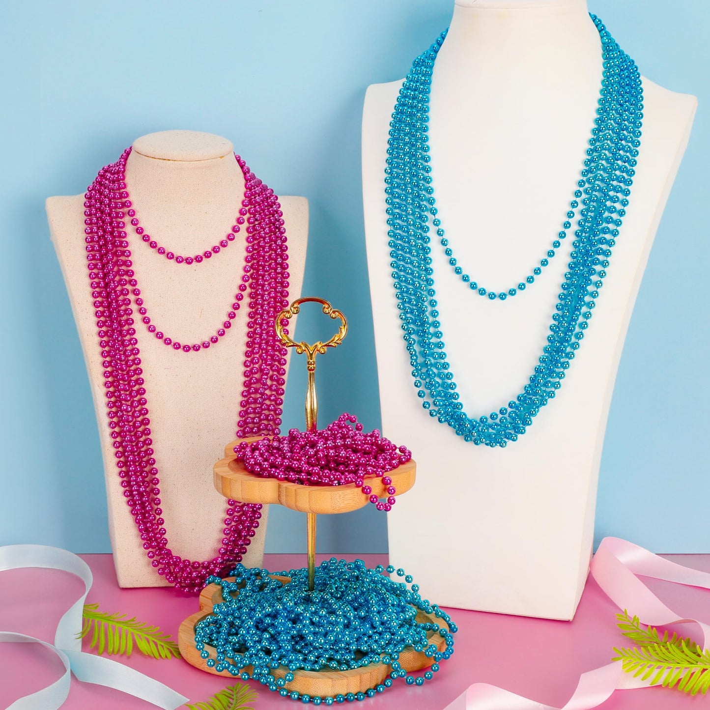 EOBOH Gender Reveal Beads Decorations – 12 Pink & Blue Necklaces, 33-inch