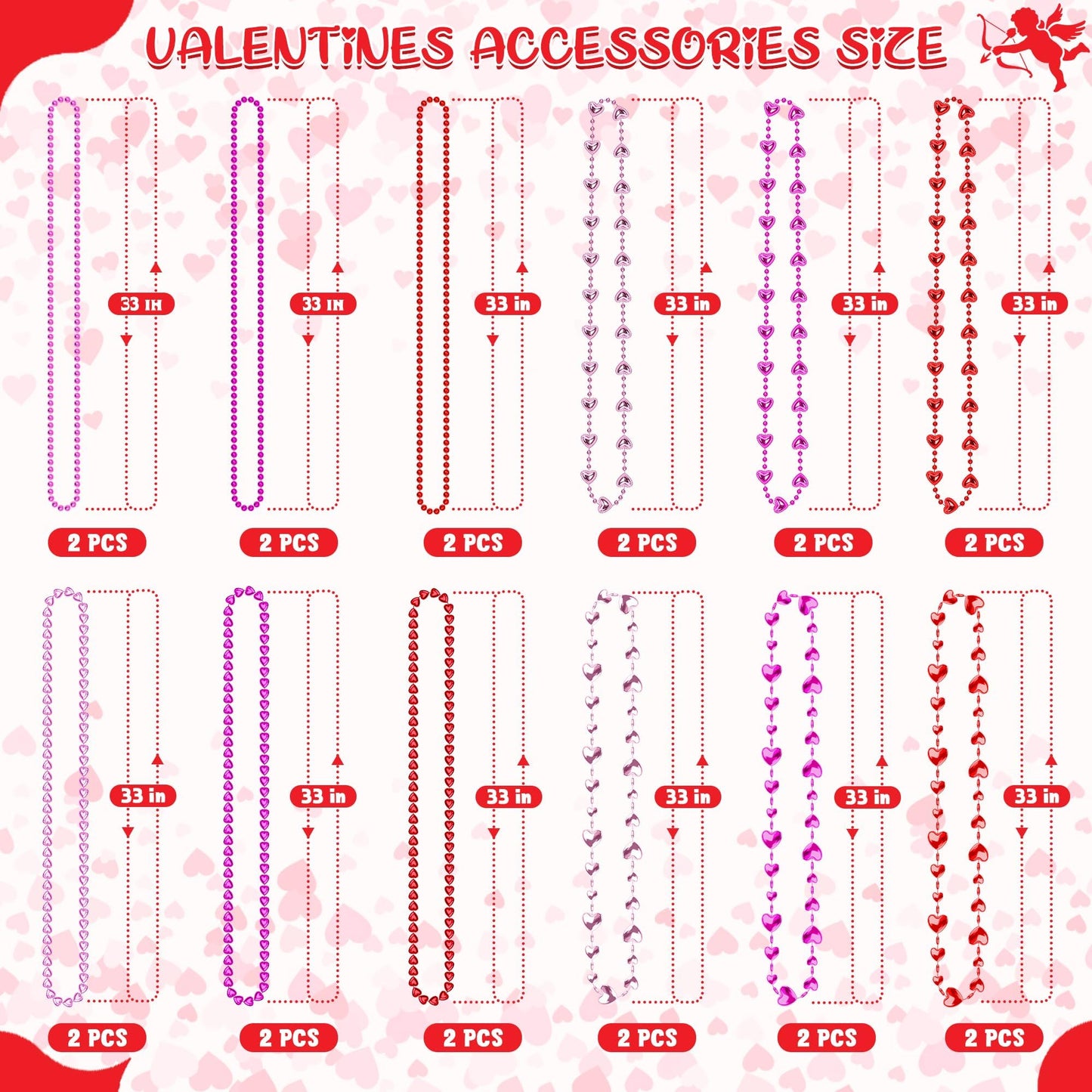 EOBOH 50Pcs Valentines Day Heart Necklaces – 12 Styles Red Pink Heart Pendant Bead Necklace Bulk