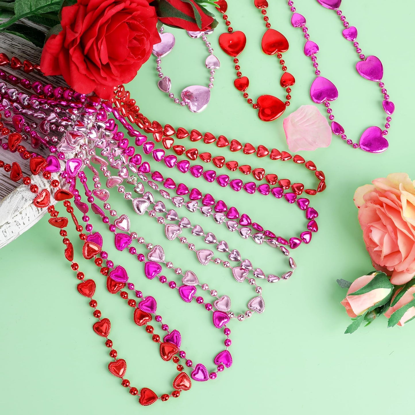 EOBOH 50Pcs Valentines Day Heart Necklaces – 12 Styles Red Pink Heart Pendant Bead Necklace Bulk