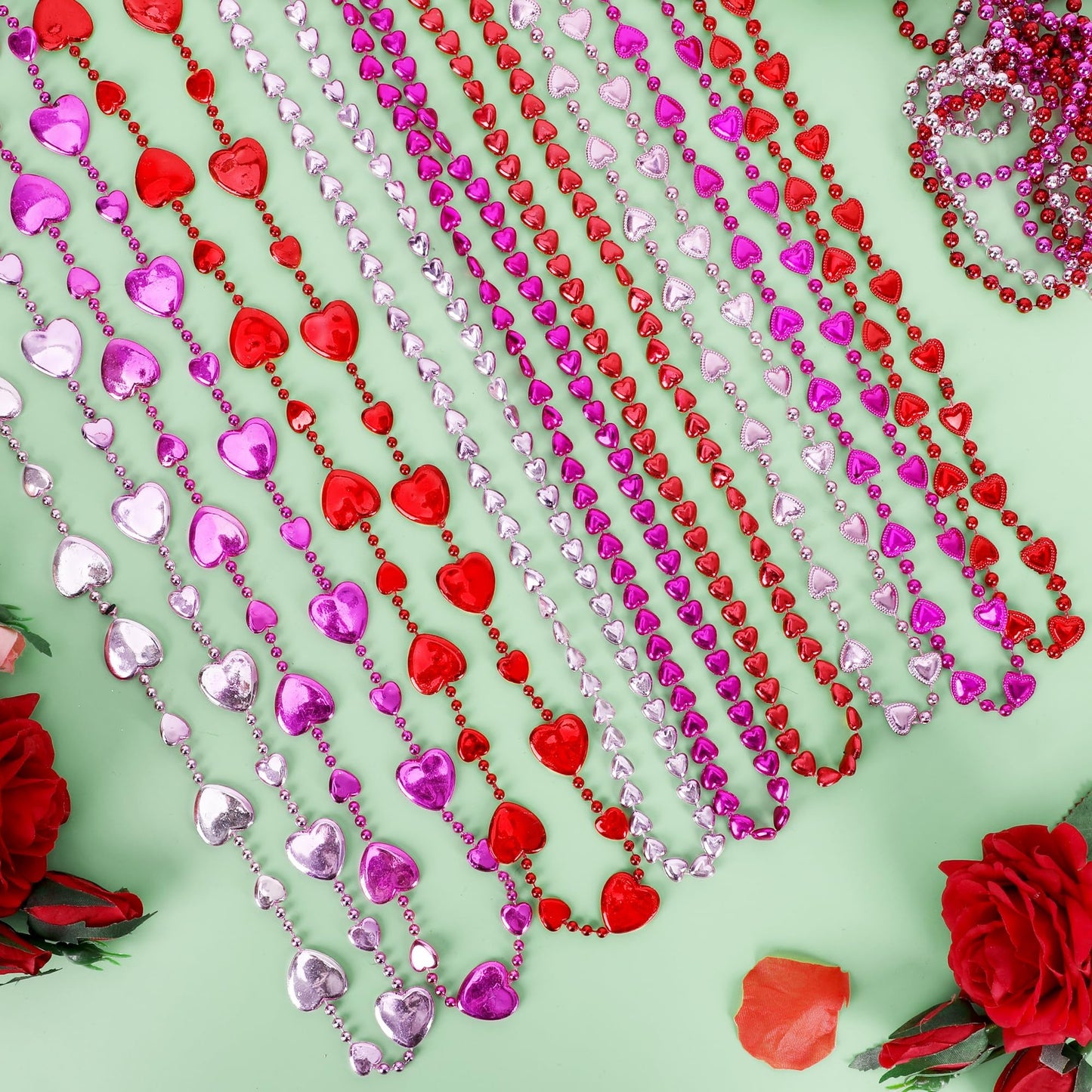 EOBOH 50Pcs Valentines Day Heart Necklaces – 12 Styles Red Pink Heart Pendant Bead Necklace Bulk
