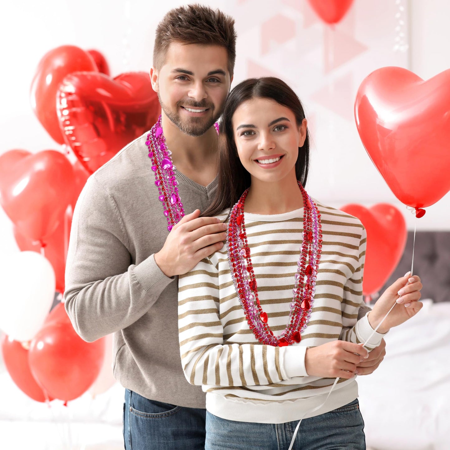 EOBOH 50Pcs Valentines Day Heart Necklaces – 12 Styles Red Pink Heart Pendant Bead Necklace Bulk