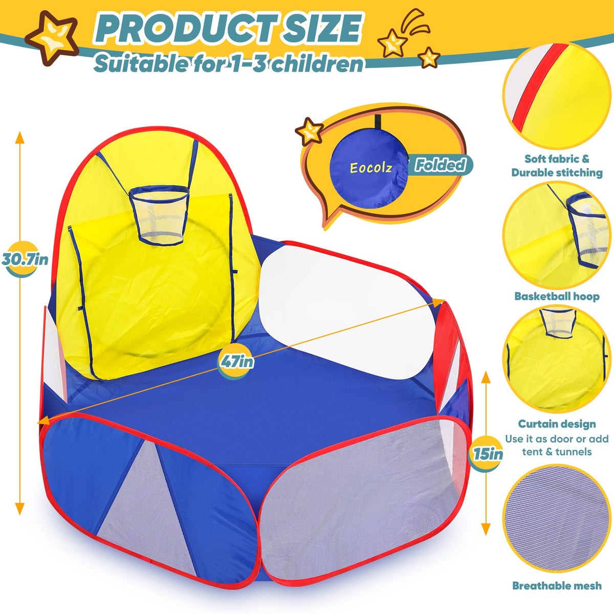 Eocolz Kids Ball Pit – Large 4 Ft Pop Up Play Tent with Basketball Hoop | Indoor/Outdoor Fun (Blue Yellow Red)