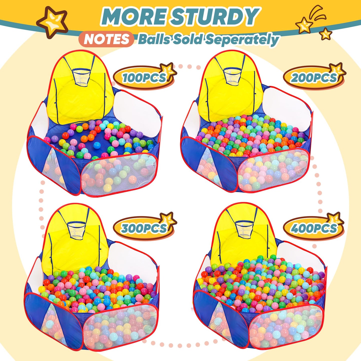 Eocolz Kids Ball Pit – Large 4 Ft Pop Up Play Tent with Basketball Hoop | Indoor/Outdoor Fun (Blue Yellow Red)