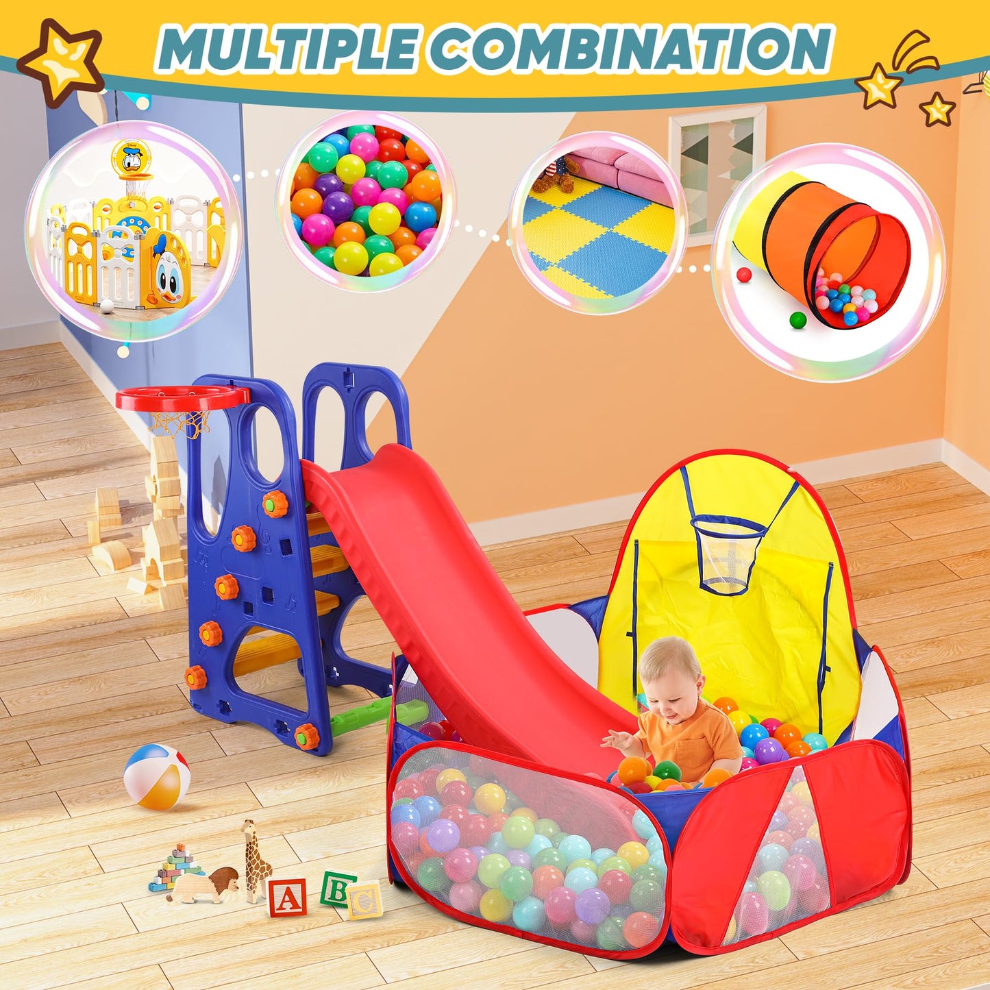 Eocolz Kids Ball Pit – Large 4 Ft Pop Up Play Tent with Basketball Hoop | Indoor/Outdoor Fun (Blue Yellow Red)