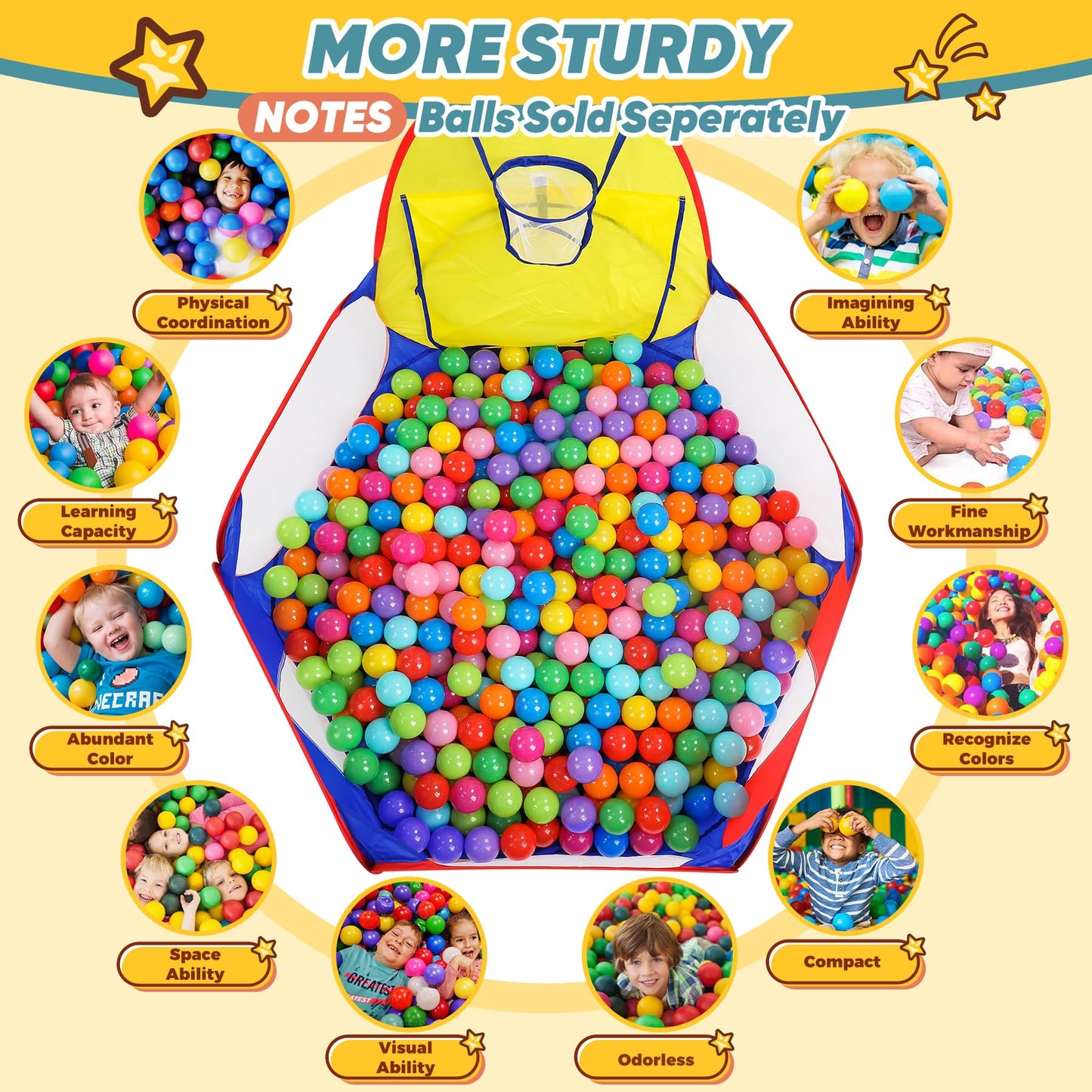 Eocolz Kids Ball Pit – Large 4 Ft Pop Up Play Tent with Basketball Hoop | Indoor/Outdoor Fun (Blue Yellow Red)