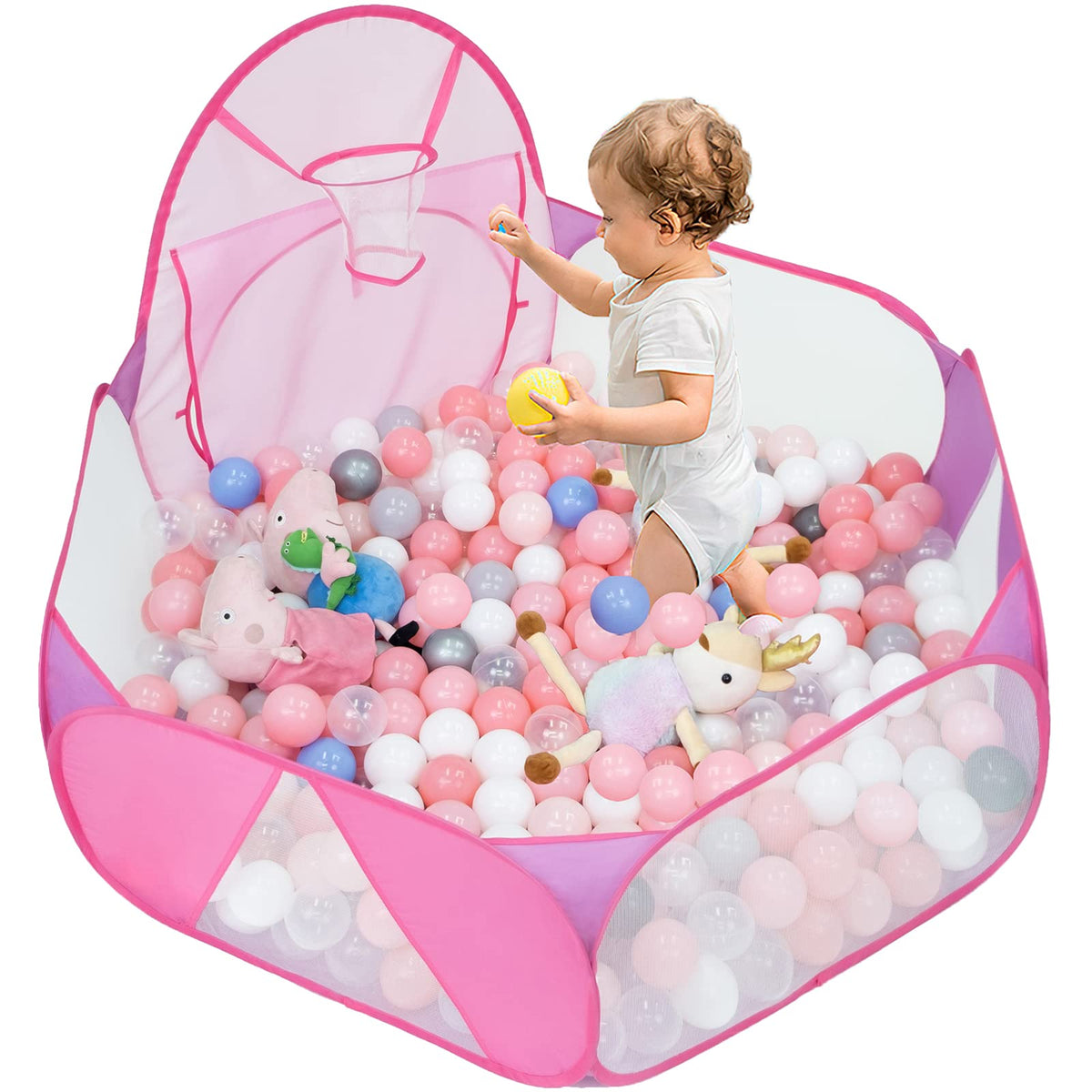 Eocolz Kids Ball Pit Large Pop Up Play Tent – Pink, 4 ft with Basketball Hoop