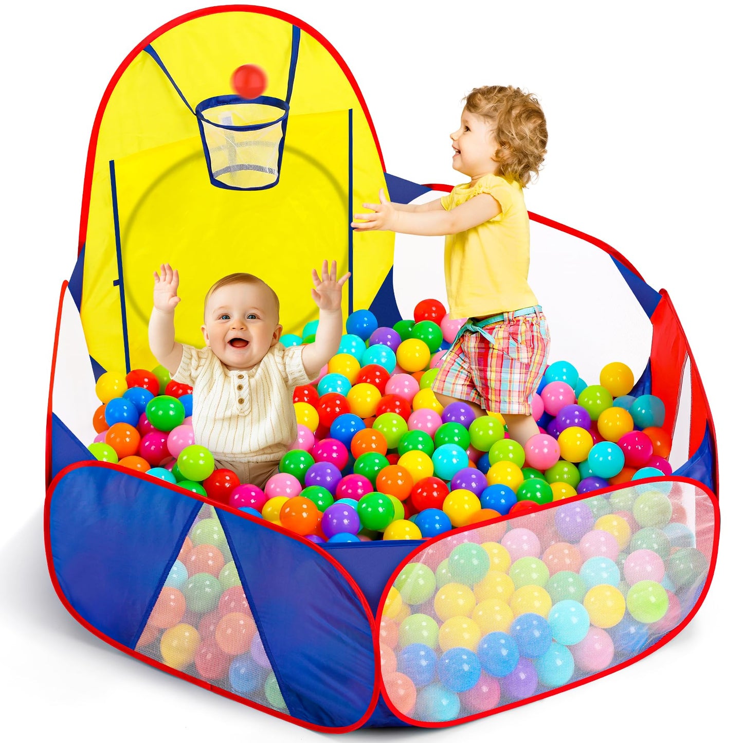 Eocolz Kids Ball Pit – Large 4 Ft Pop Up Play Tent with Basketball Hoop | Indoor/Outdoor Fun (Blue Yellow Red)