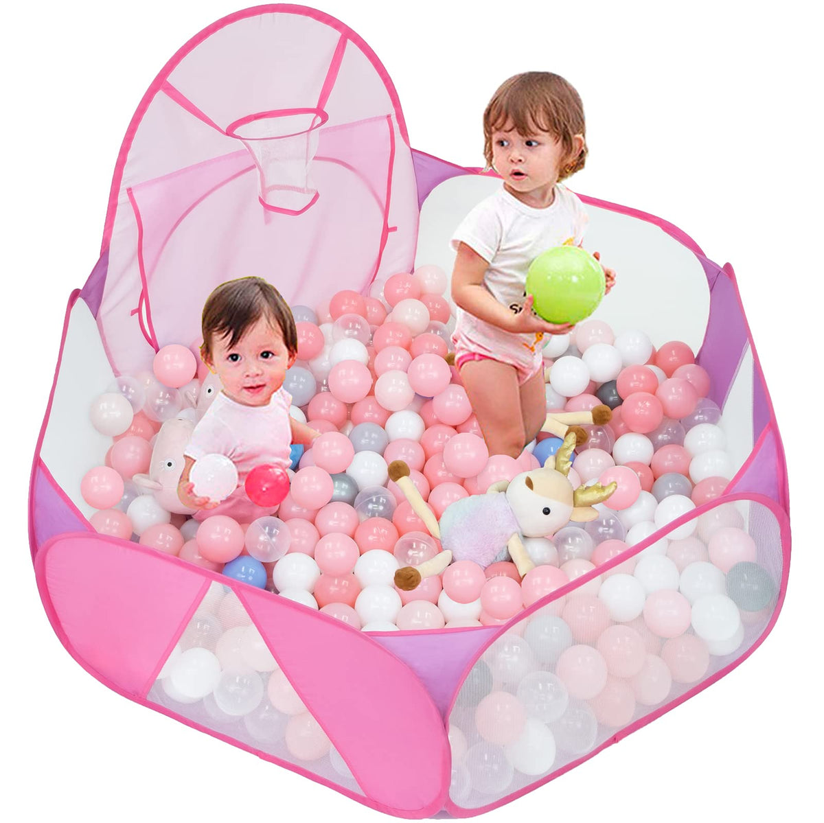 Eocolz Kids Ball Pit Large Pop Up Play Tent – Pink, 4 ft with Basketball Hoop