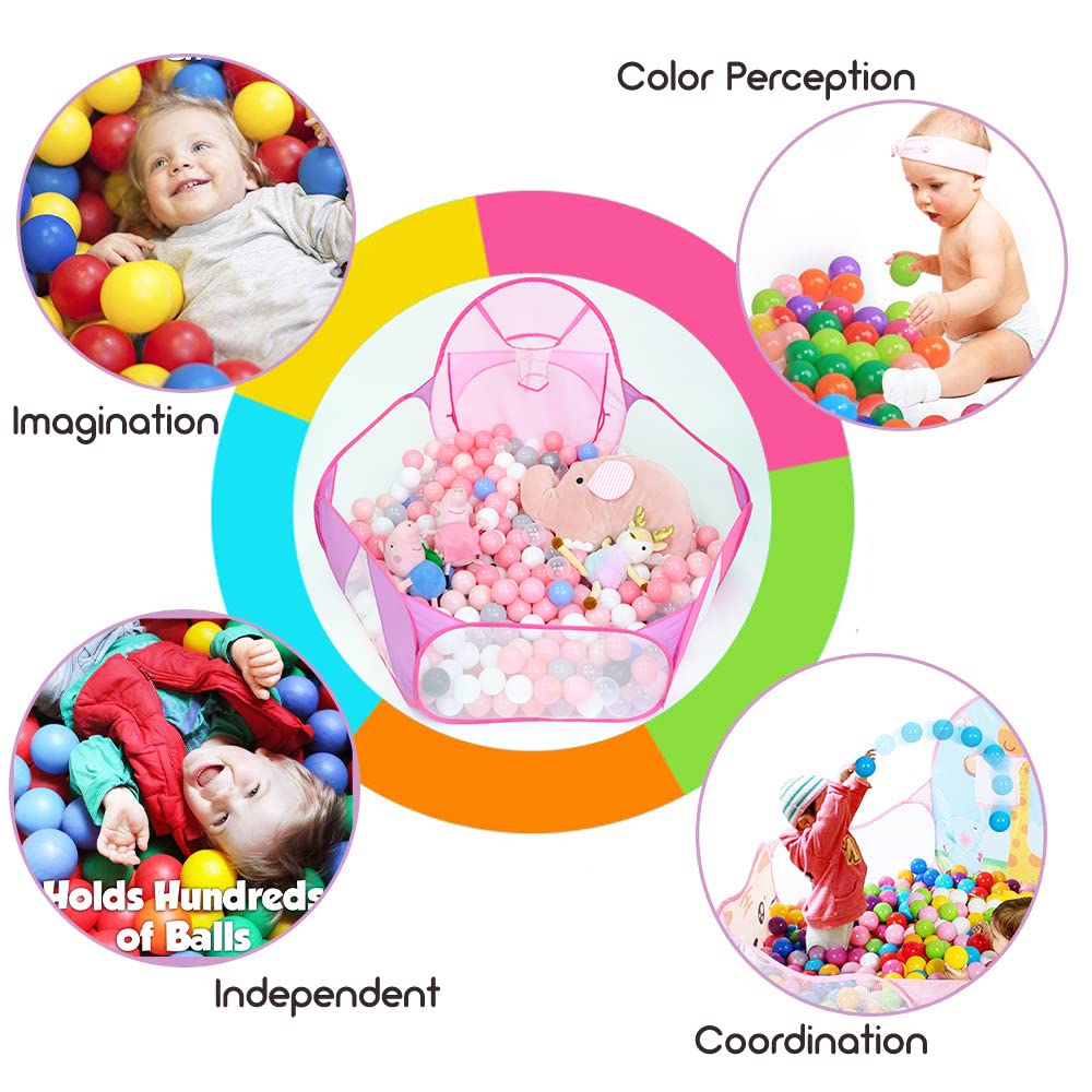 Eocolz Kids Ball Pit Large Pop Up Play Tent – Pink, 4 ft with Basketball Hoop