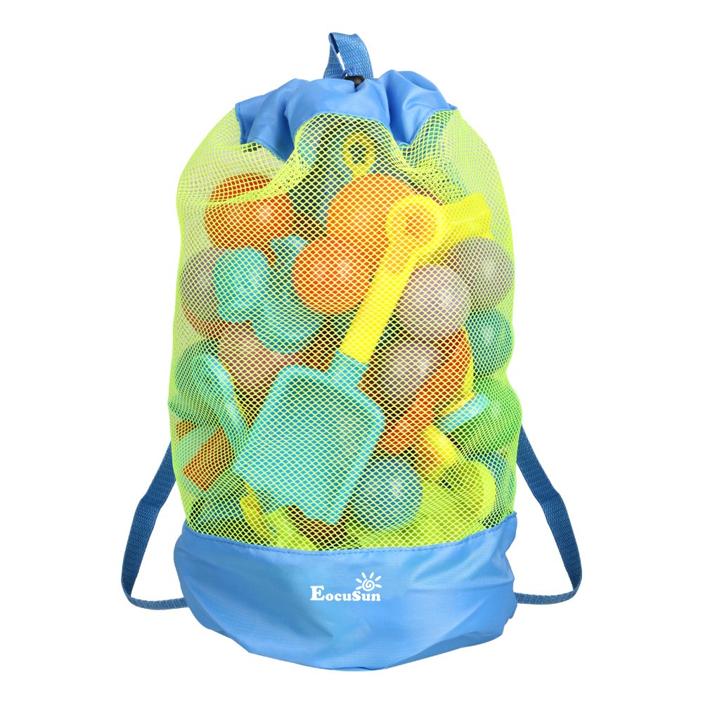 EocuSun Large Mesh Beach Bag Tote – Durable Sand-Repellent Drawstring Backpack for Beach, Pool, and Toys (Blue)