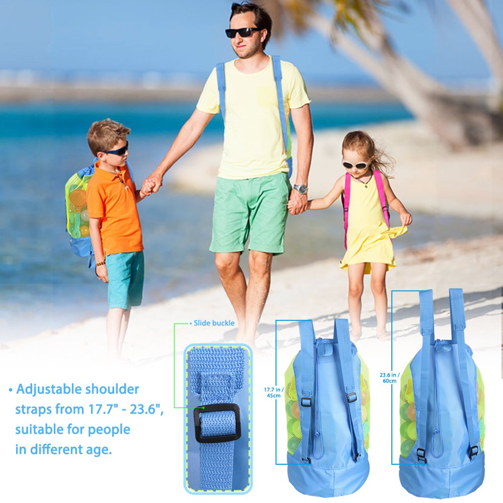 EocuSun Large Mesh Beach Bag Tote – Durable Sand-Repellent Drawstring Backpack for Beach, Pool, and Toys (Blue)
