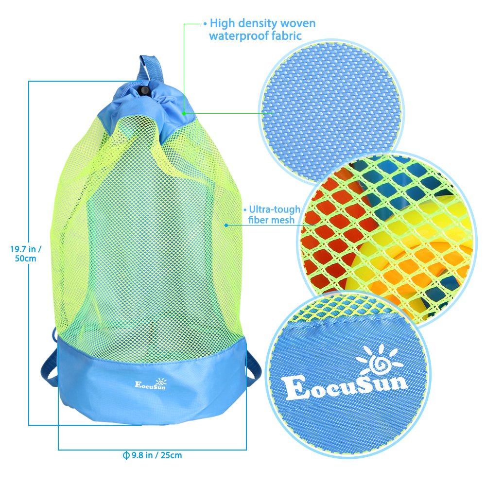 EocuSun Large Mesh Beach Bag Tote – Durable Sand-Repellent Drawstring Backpack for Beach, Pool, and Toys (Blue)