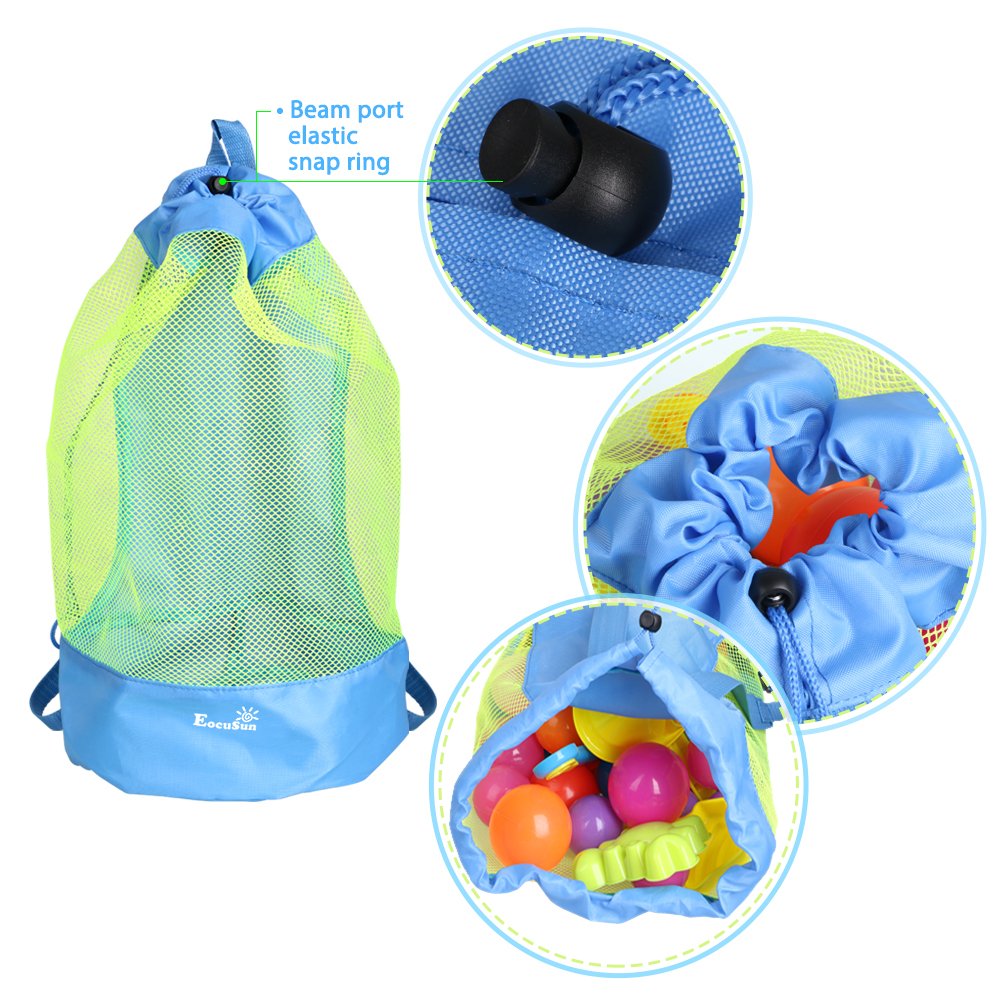 EocuSun Large Mesh Beach Bag Tote – Durable Sand-Repellent Drawstring Backpack for Beach, Pool, and Toys (Blue)