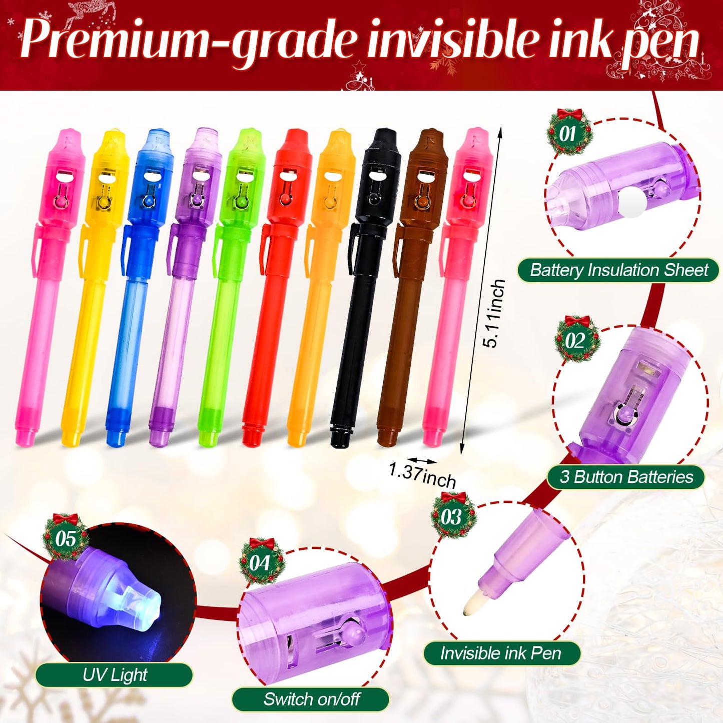 EODVICS Invisible Ink Pens with Light – 10-Pack Spy Pen for Secret Messages and Party Fun