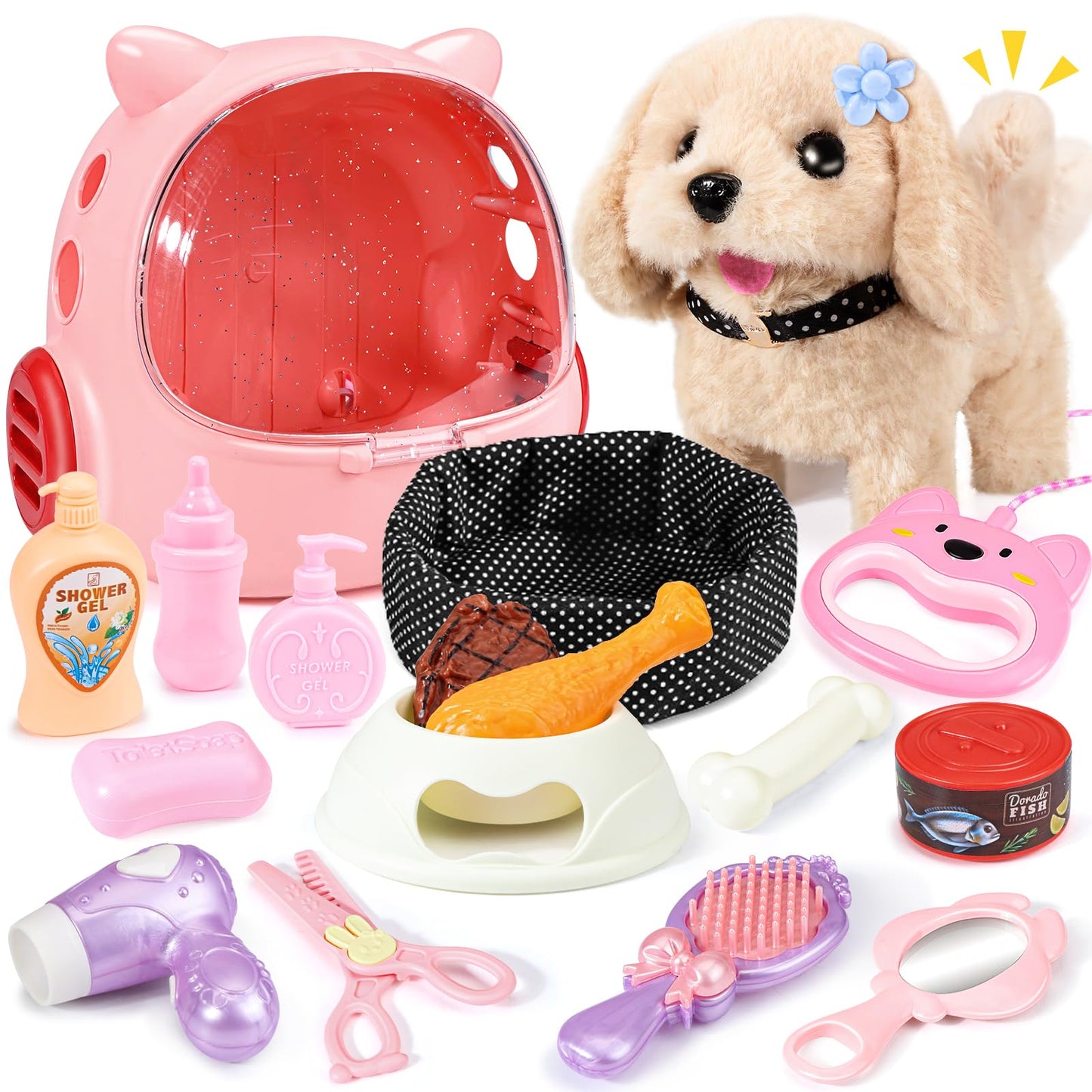 Eohemeral 23-Pcs Interactive Walking Dog Toy for Kids – Realistic Barking Plush Puppy with Carrier & Leash