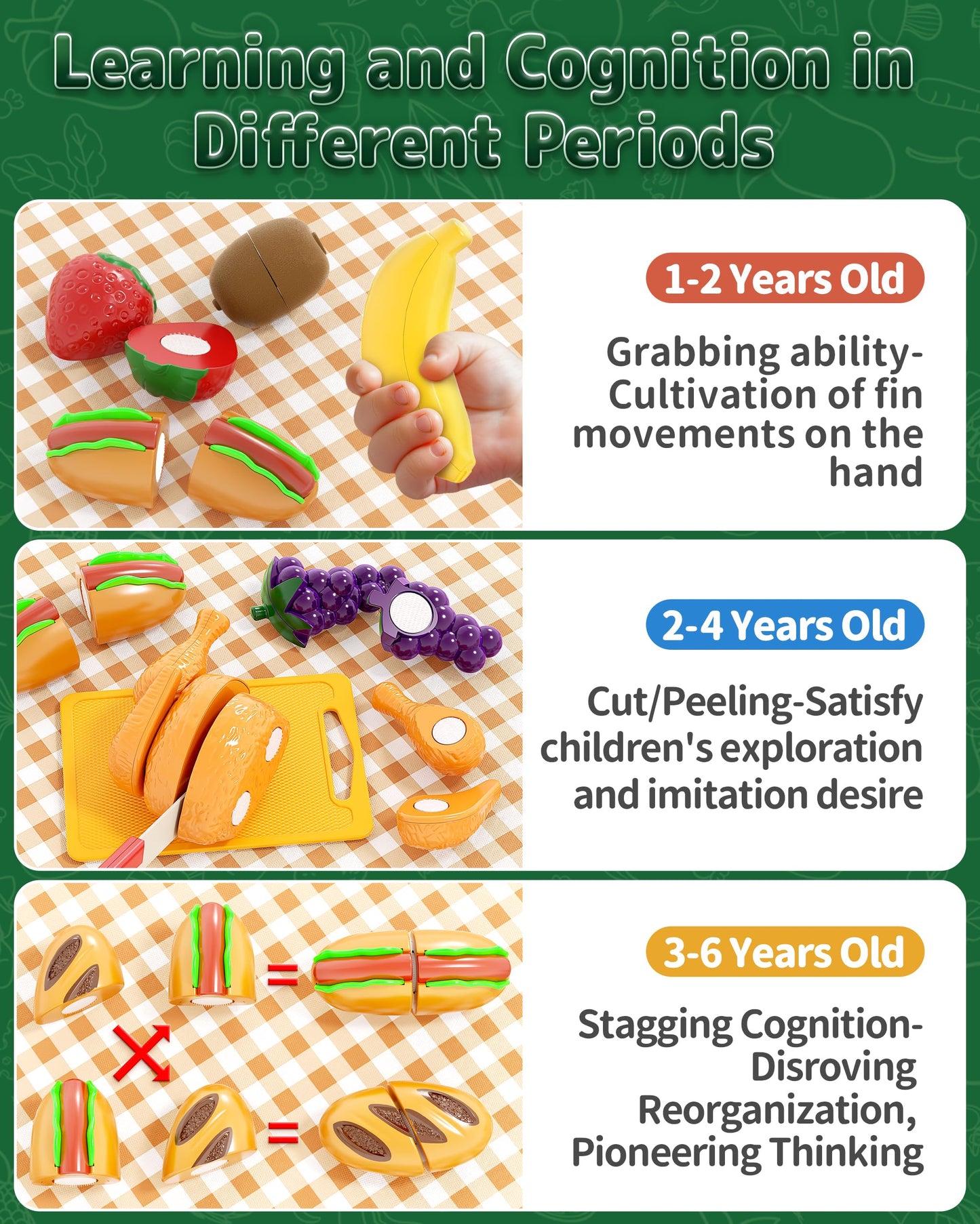 Eohemeral Pretend Play Food Set – Cutting Toy Food with Picnic Basket for Kids | 46-Piece Kitchen Play