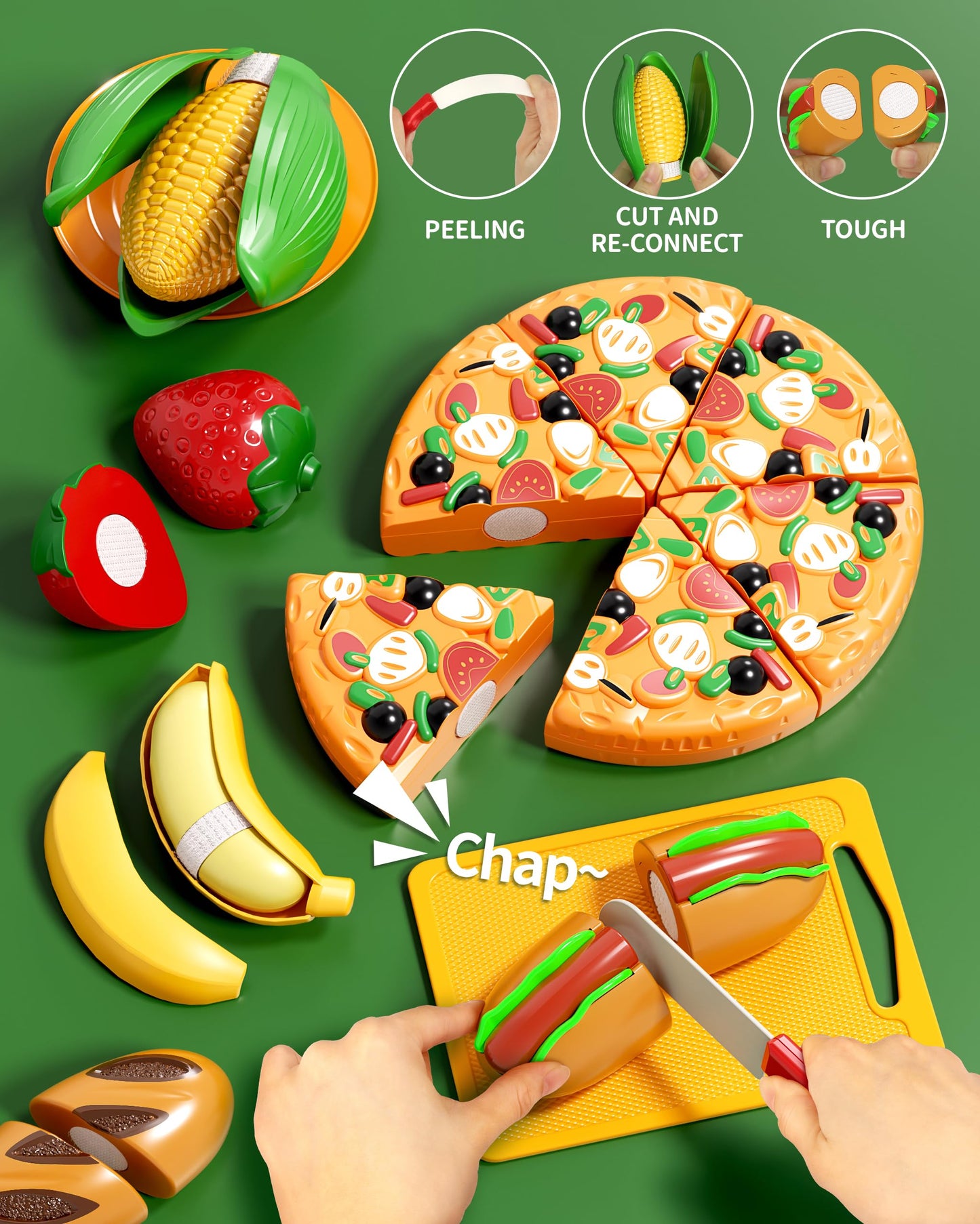 Eohemeral Pretend Play Food Set – Cutting Toy Food with Picnic Basket for Kids | 46-Piece Kitchen Play