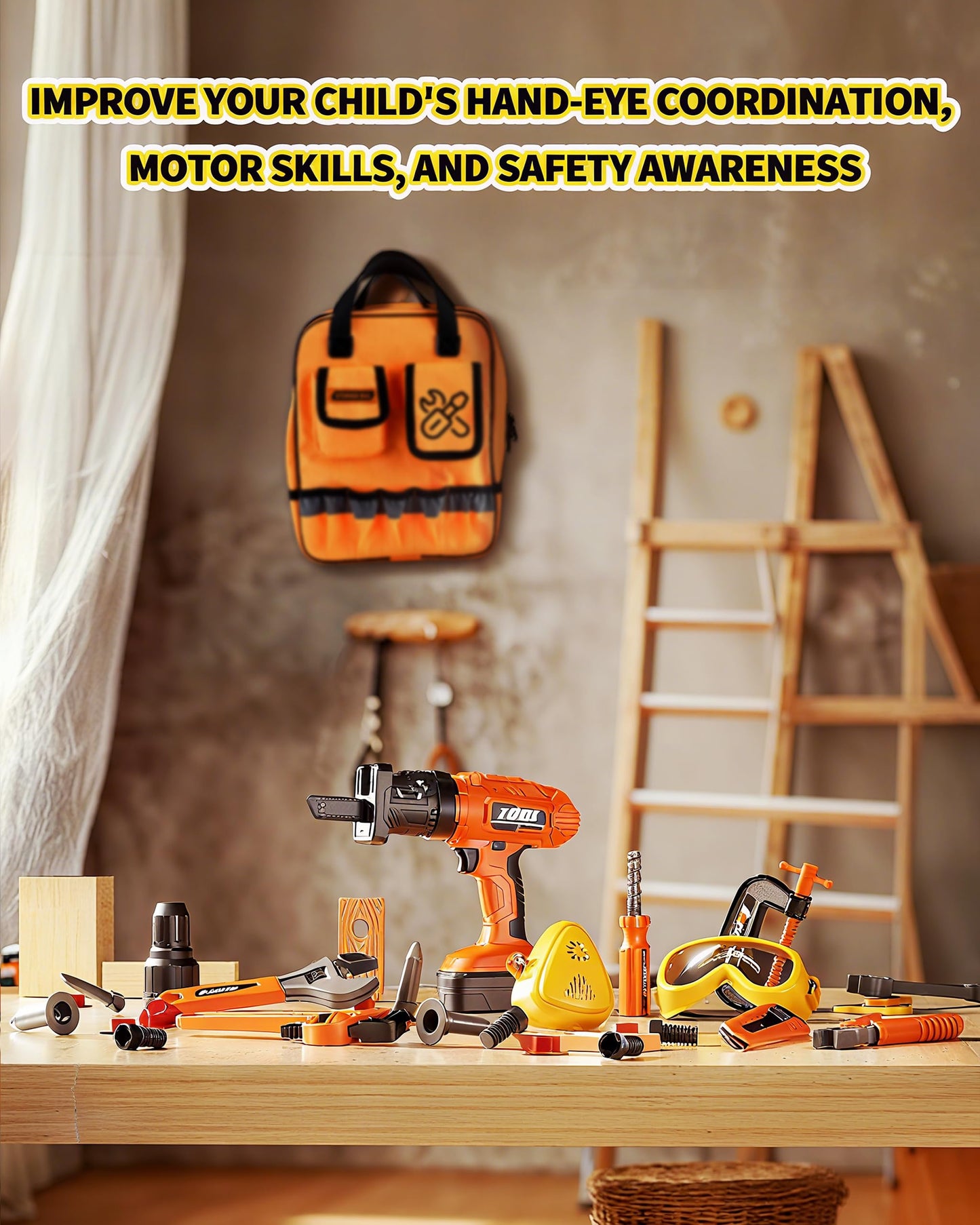 Eohemeral 36-Piece Kids Tool Set with Belt & Electric Drill – Safe Pretend Play Tools for 3–5 Year Olds