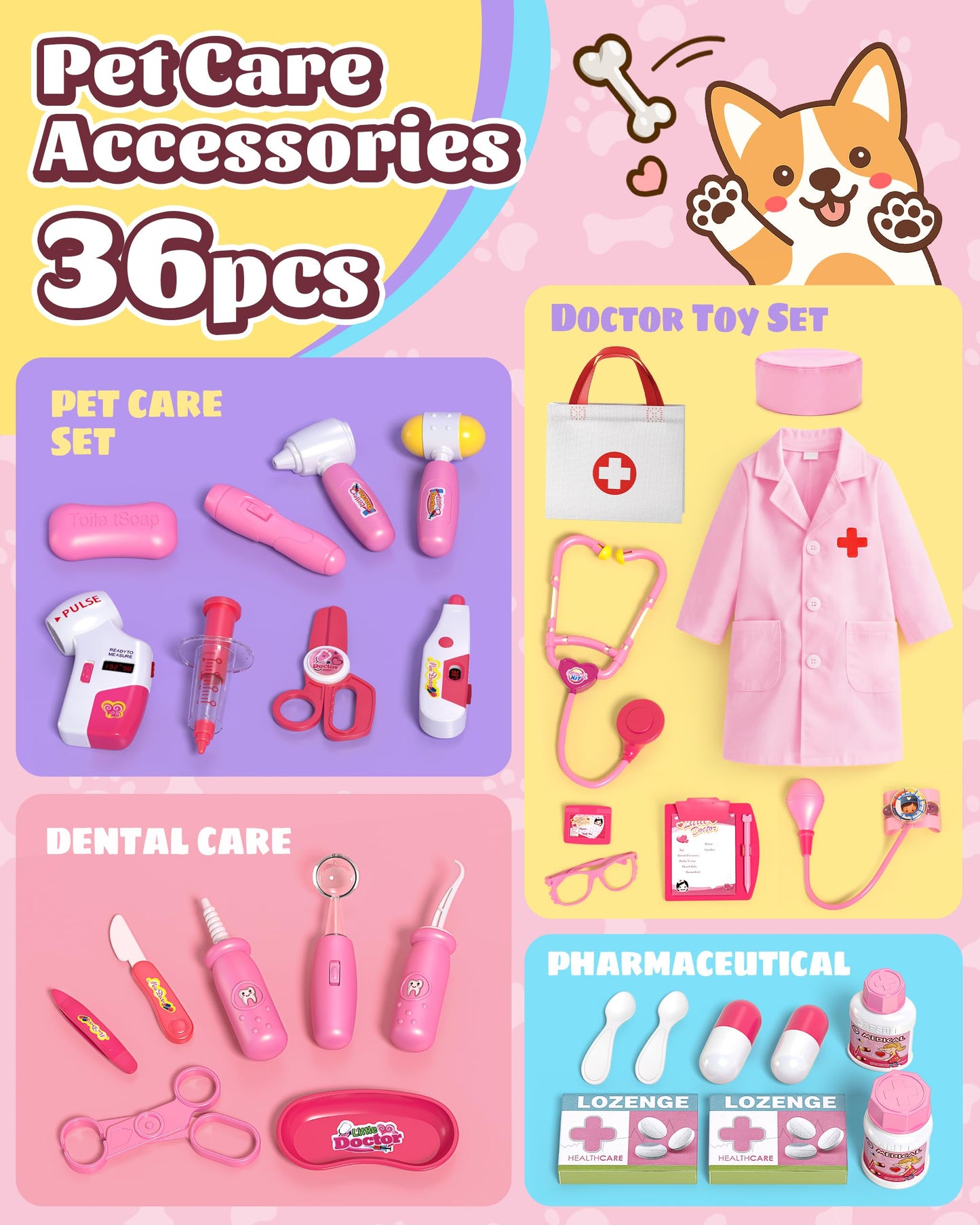 Eohemeral Pet Vet Kit for Kids with 2 Plush Pets & Doctor Costume – 36-Piece Interactive Playset
