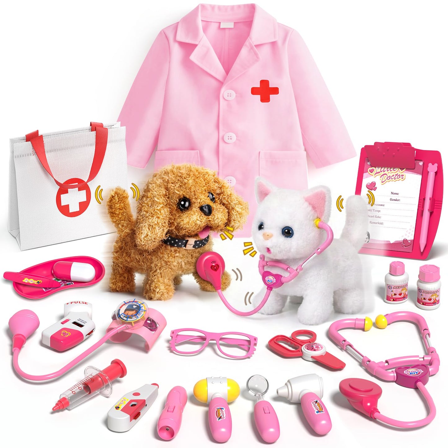 Eohemeral Pet Vet Kit for Kids with 2 Plush Pets & Doctor Costume – 36-Piece Interactive Playset