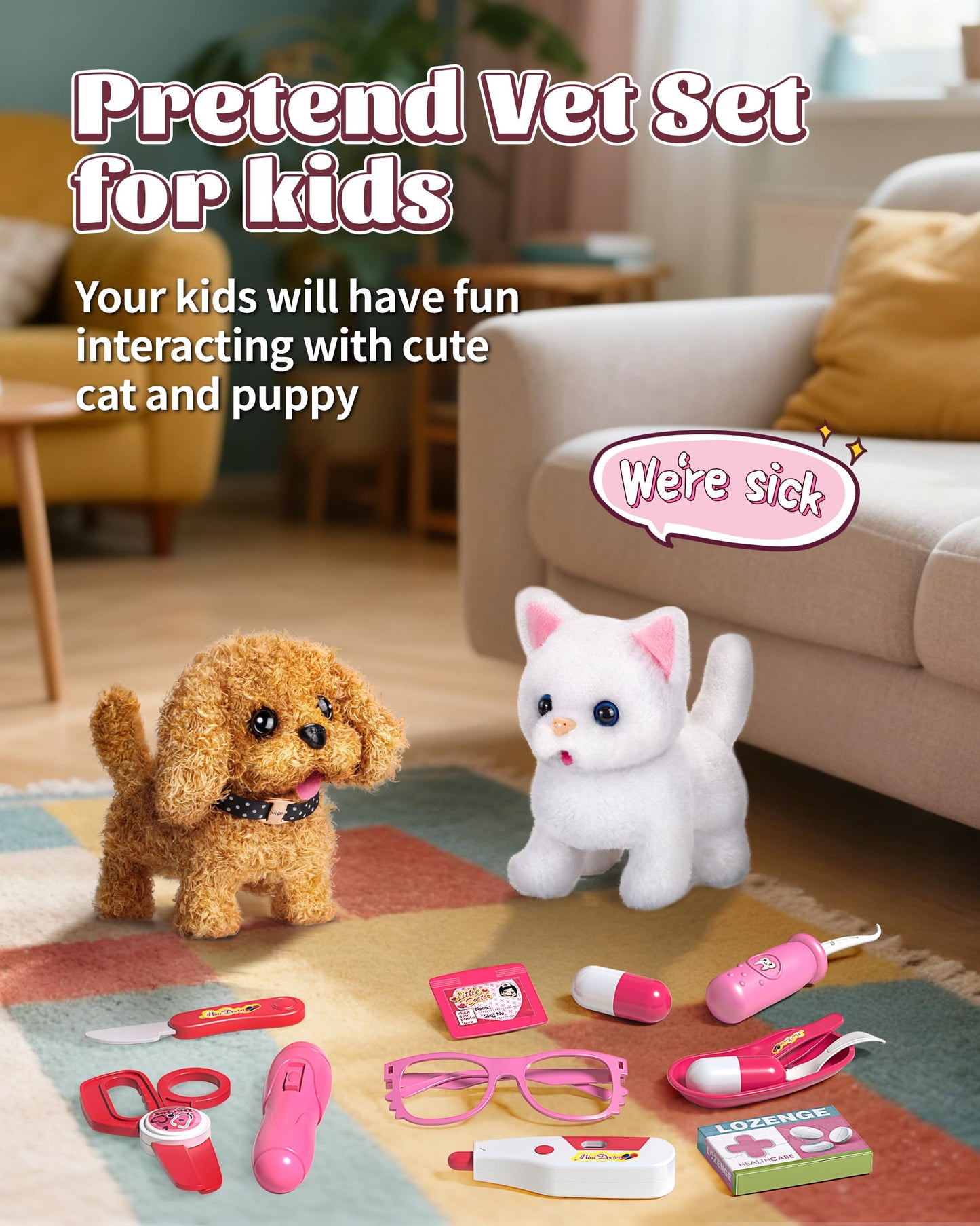 Eohemeral Pet Vet Kit for Kids with 2 Plush Pets & Doctor Costume – 36-Piece Interactive Playset