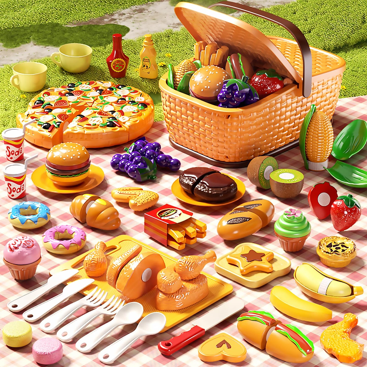 Eohemeral Pretend Play Food Set – Cutting Toy Food with Picnic Basket for Kids | 46-Piece Kitchen Play