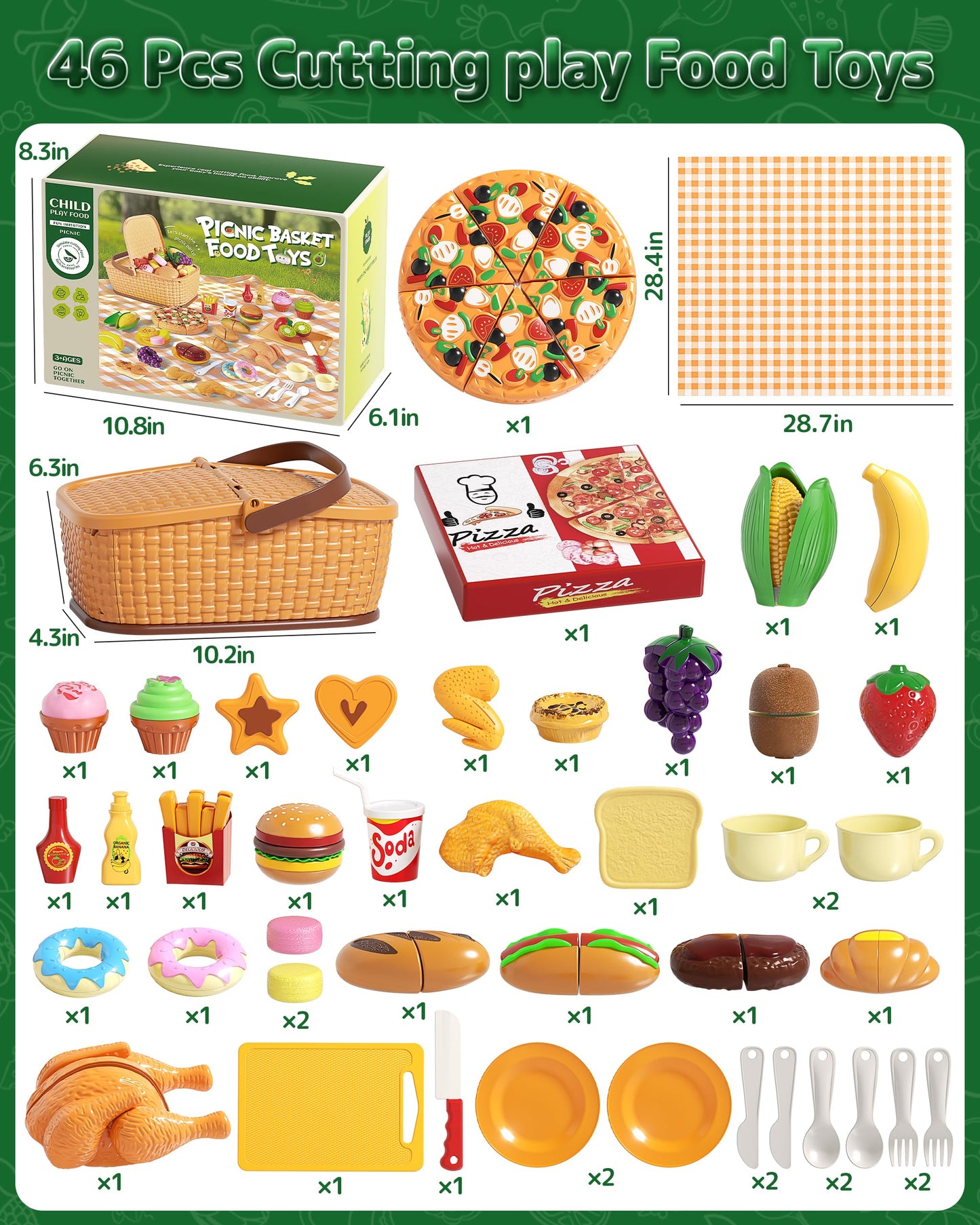 Eohemeral Pretend Play Food Set – Cutting Toy Food with Picnic Basket for Kids | 46-Piece Kitchen Play