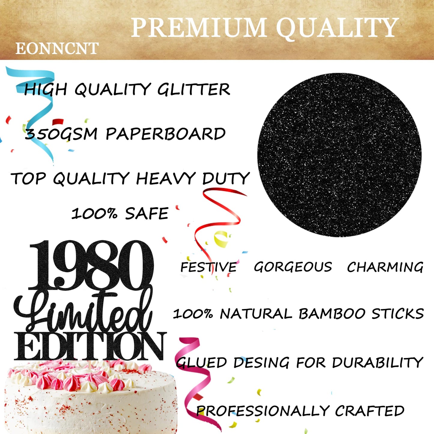 EONNCNT Limited EDITION 1980 Cake Topper - Black Glitter for 46th Birthday