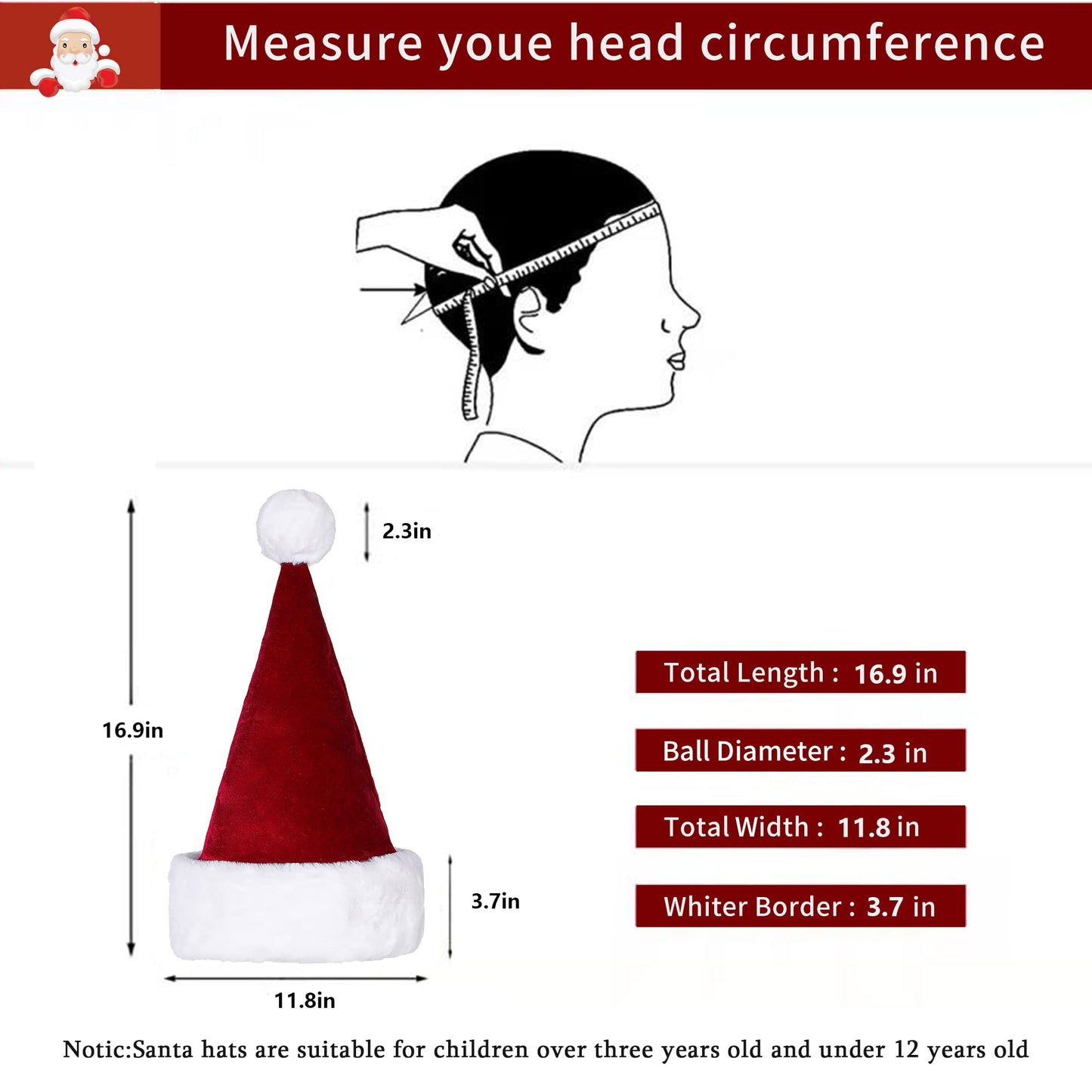 Eoocan Santa Hat for Kids – Velvet Wine Red Unisex Christmas Hat | Extra Thick Plush