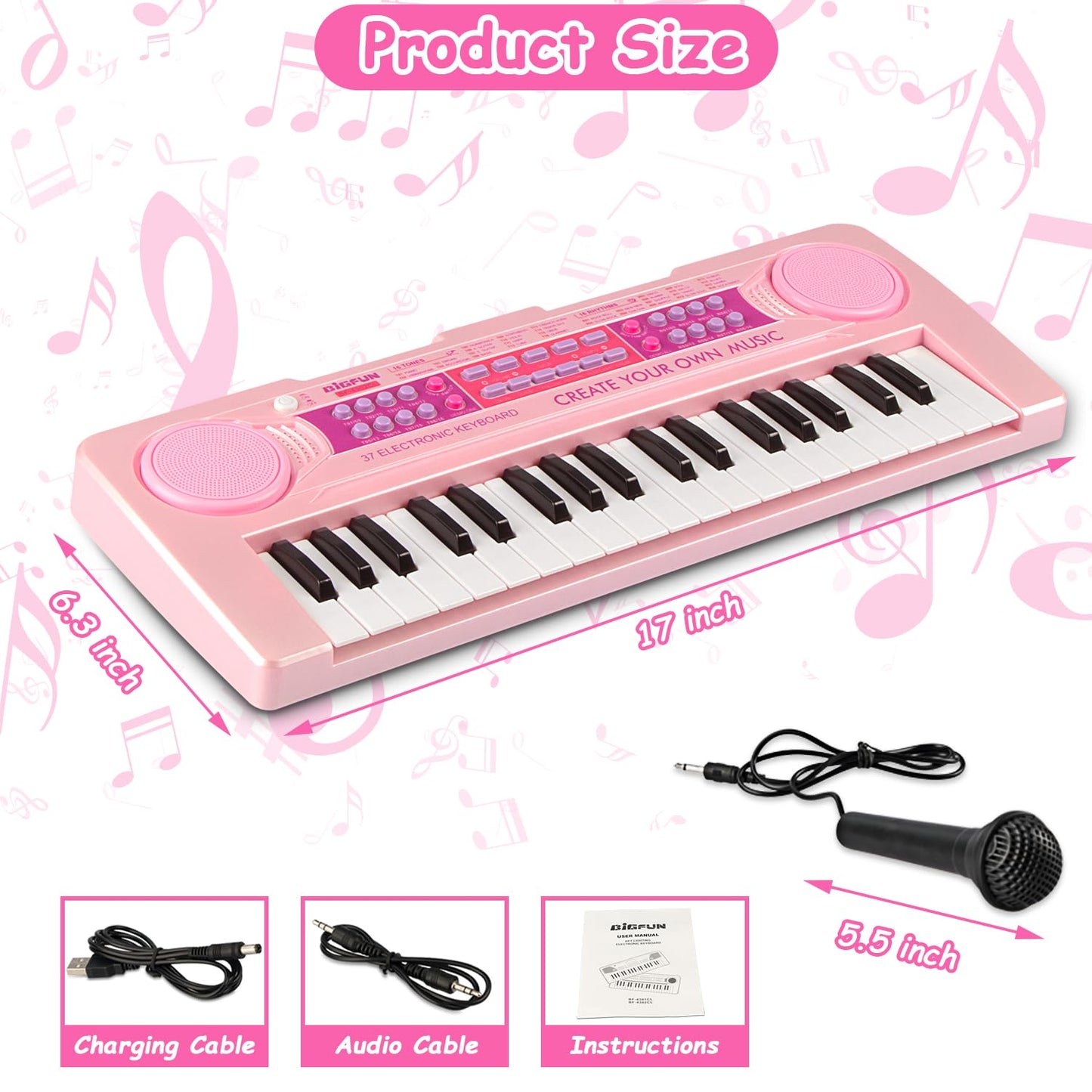 EOOLEOW Kids Piano Keyboard Toys – 37 Keys with Microphone | Educational Toddler Keyboard (Pink)