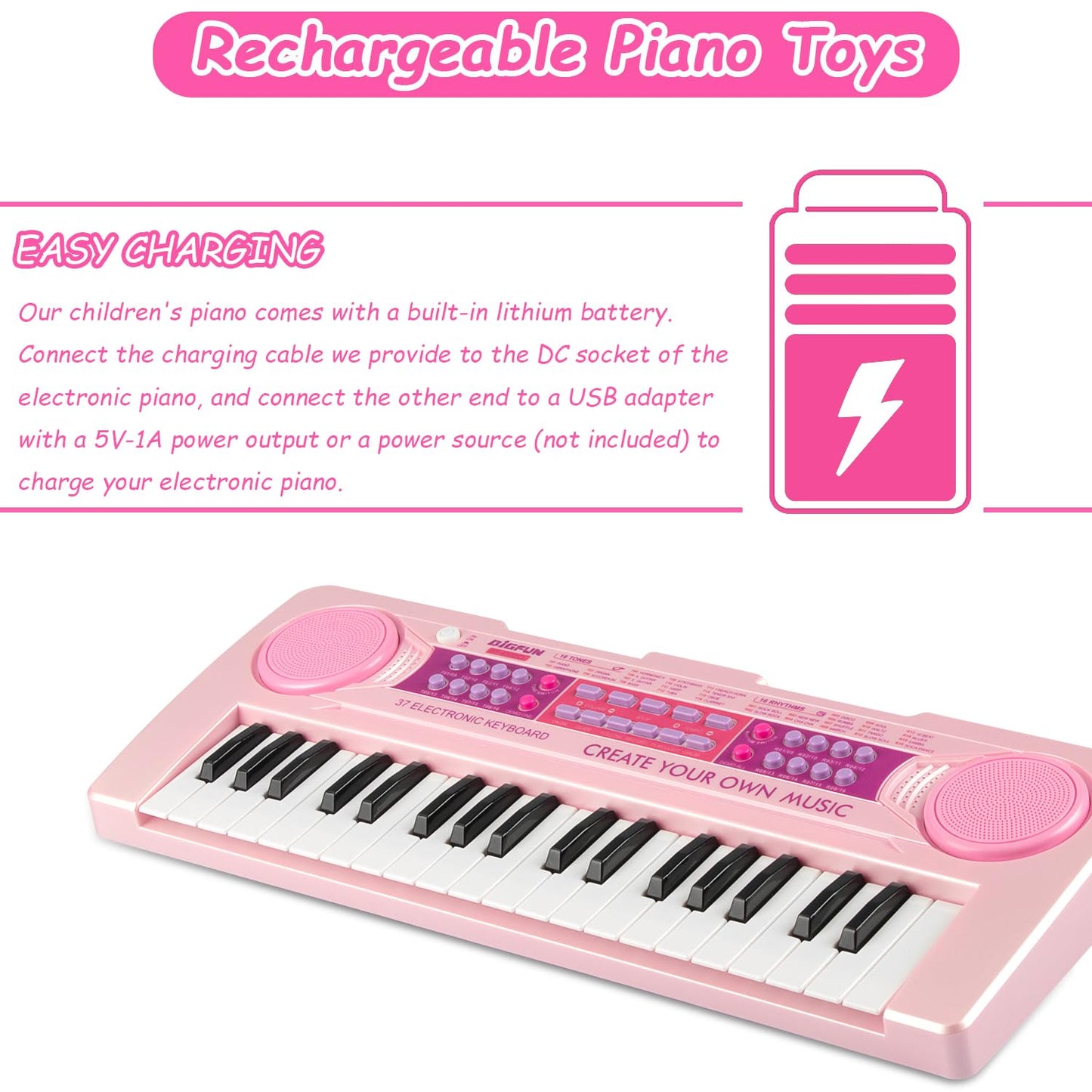 EOOLEOW Kids Piano Keyboard Toys – 37 Keys with Microphone | Educational Toddler Keyboard (Pink)