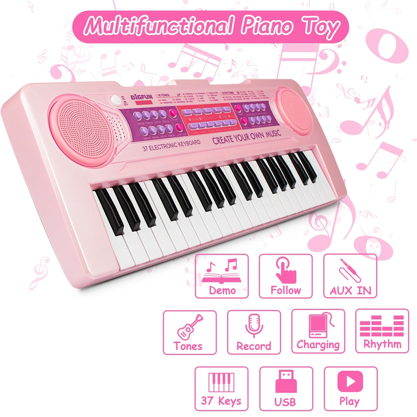 EOOLEOW Kids Piano Keyboard Toys – 37 Keys with Microphone | Educational Toddler Keyboard (Pink)