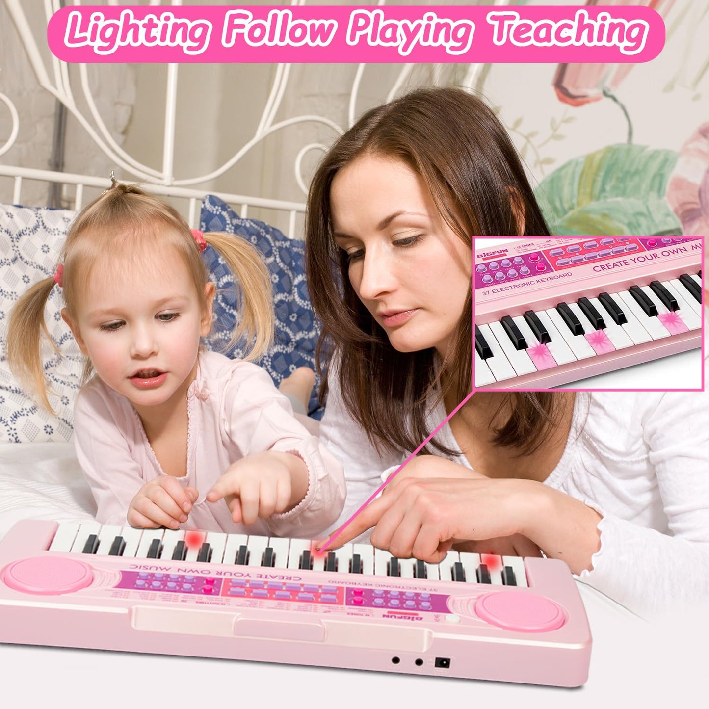 EOOLEOW Kids Piano Keyboard Toys – 37 Keys with Microphone | Educational Toddler Keyboard (Pink)