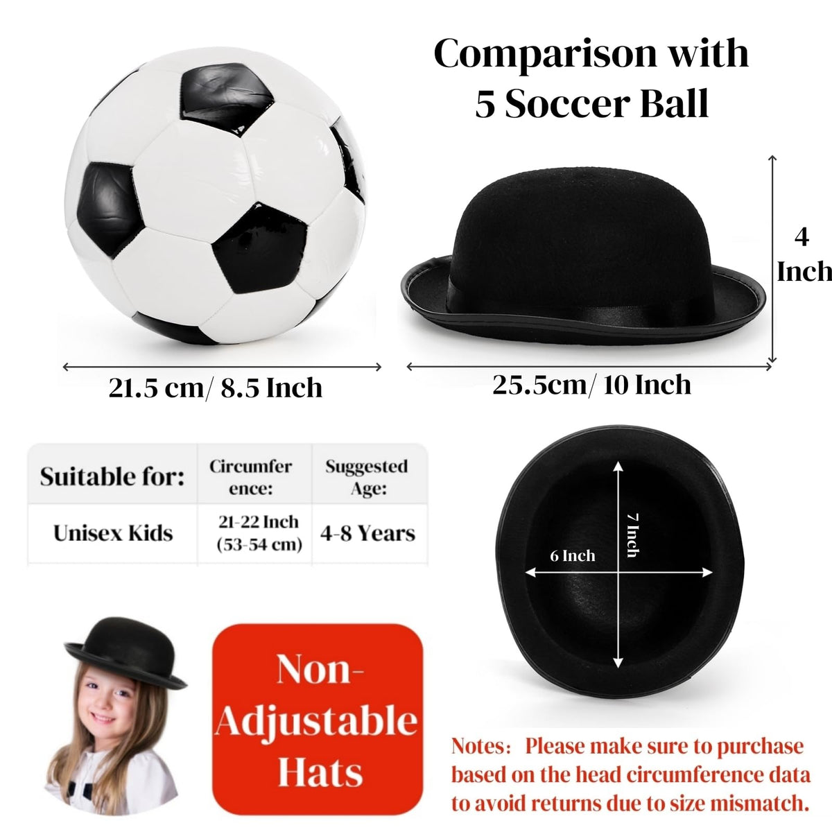 Eorbow 3 Pack Bowler Hats – Black Felt Derby, 22" Non-Adjustable, Victorian Costume Accessories