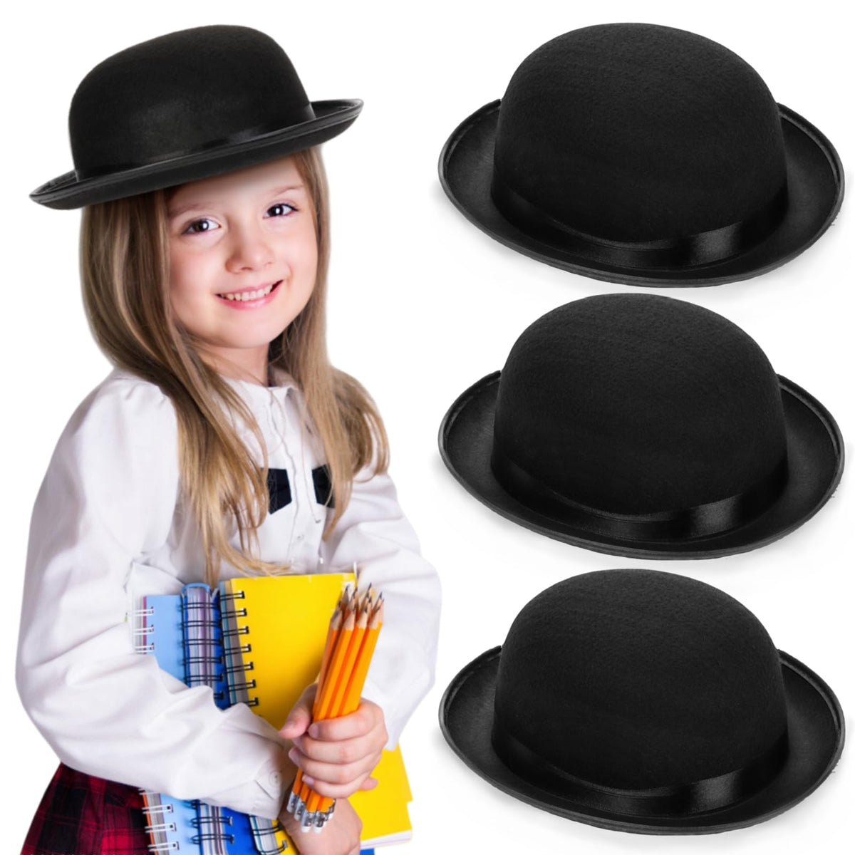 Eorbow 3 Pack Bowler Hats – Black Felt Derby, 22" Non-Adjustable, Victorian Costume Accessories