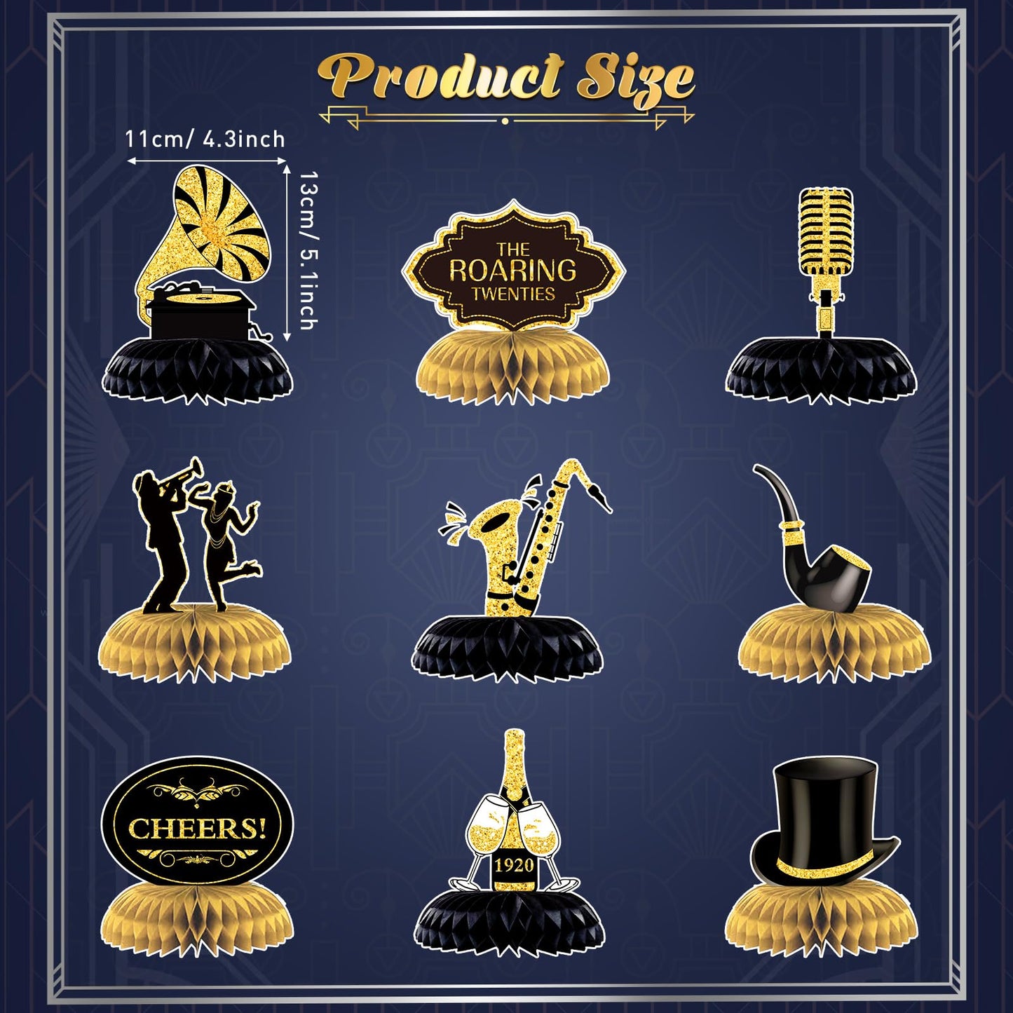 Epakh 10 Pcs Roaring 1920s Party Decorations – Black & Gold Honeycomb Centerpieces